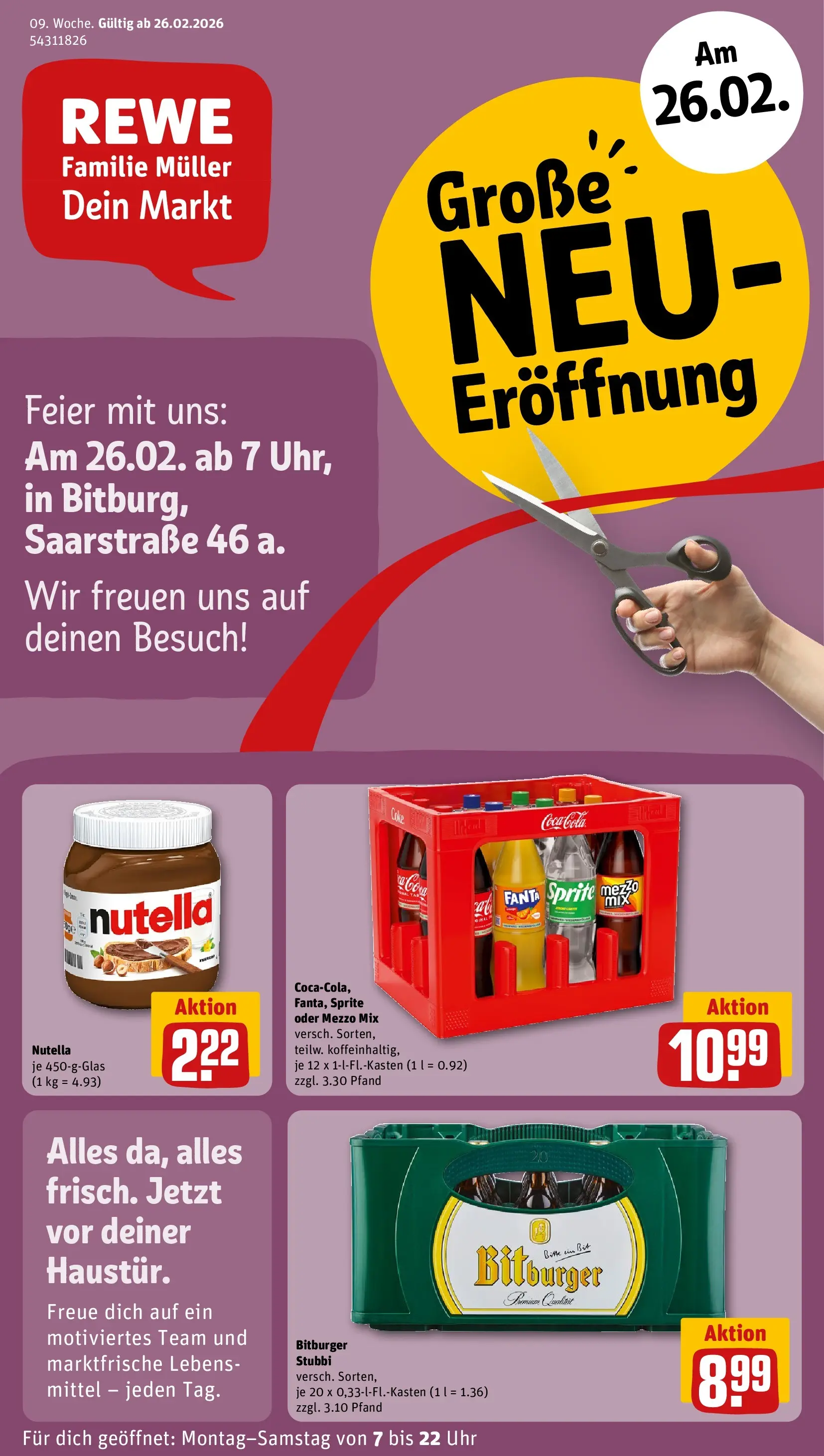 REWE Prospekt ab 22.02.2026 zum Blättern » Angebote | Seite: 1 | Produkte: Bitburger, Fanta, Cola, Oder mezzo mix