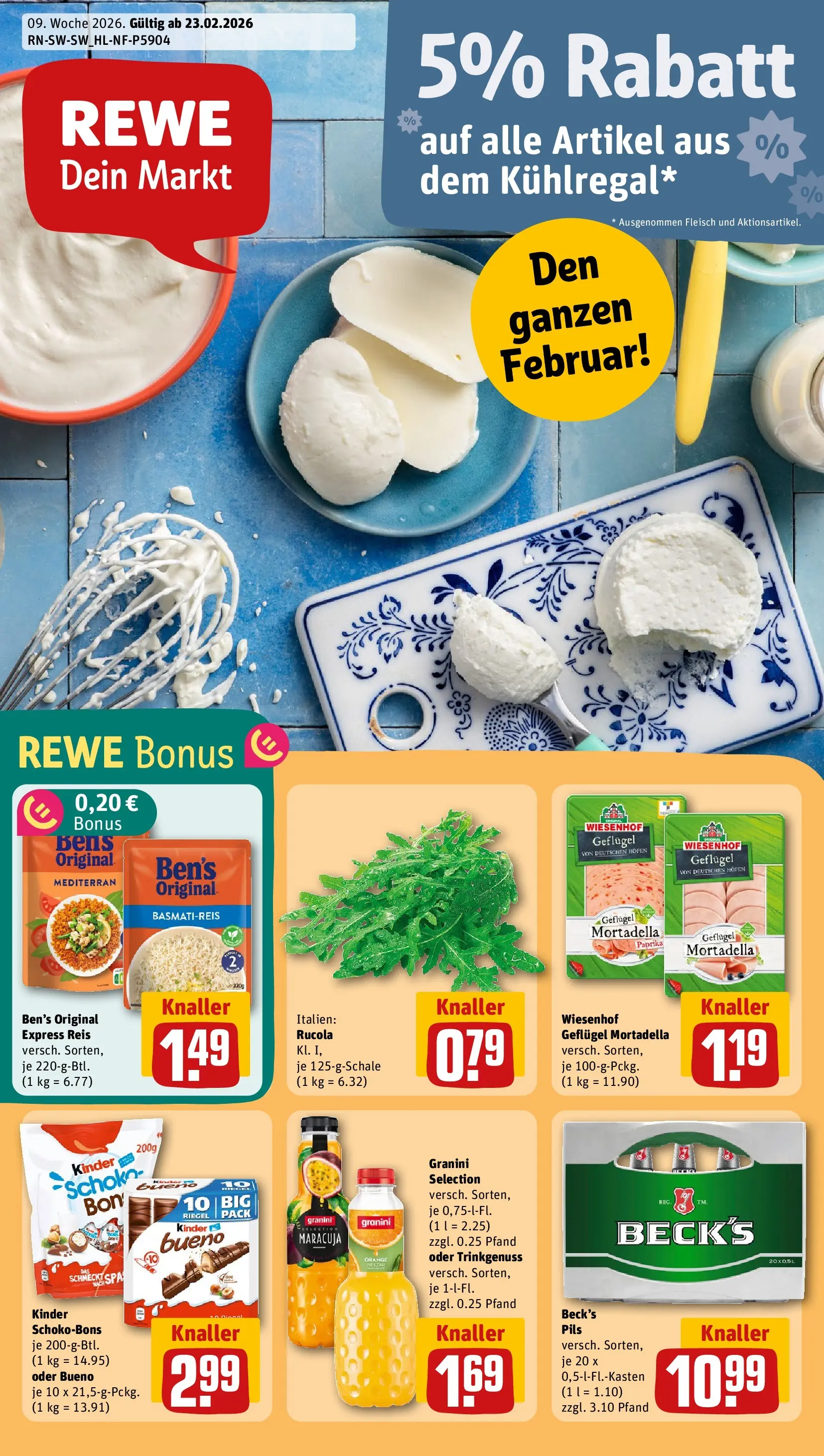 REWE Prospekt ab 22.02.2026 zum Blättern » Angebote | Seite: 1 | Produkte: Rucola, Granini, Reis, Fleisch