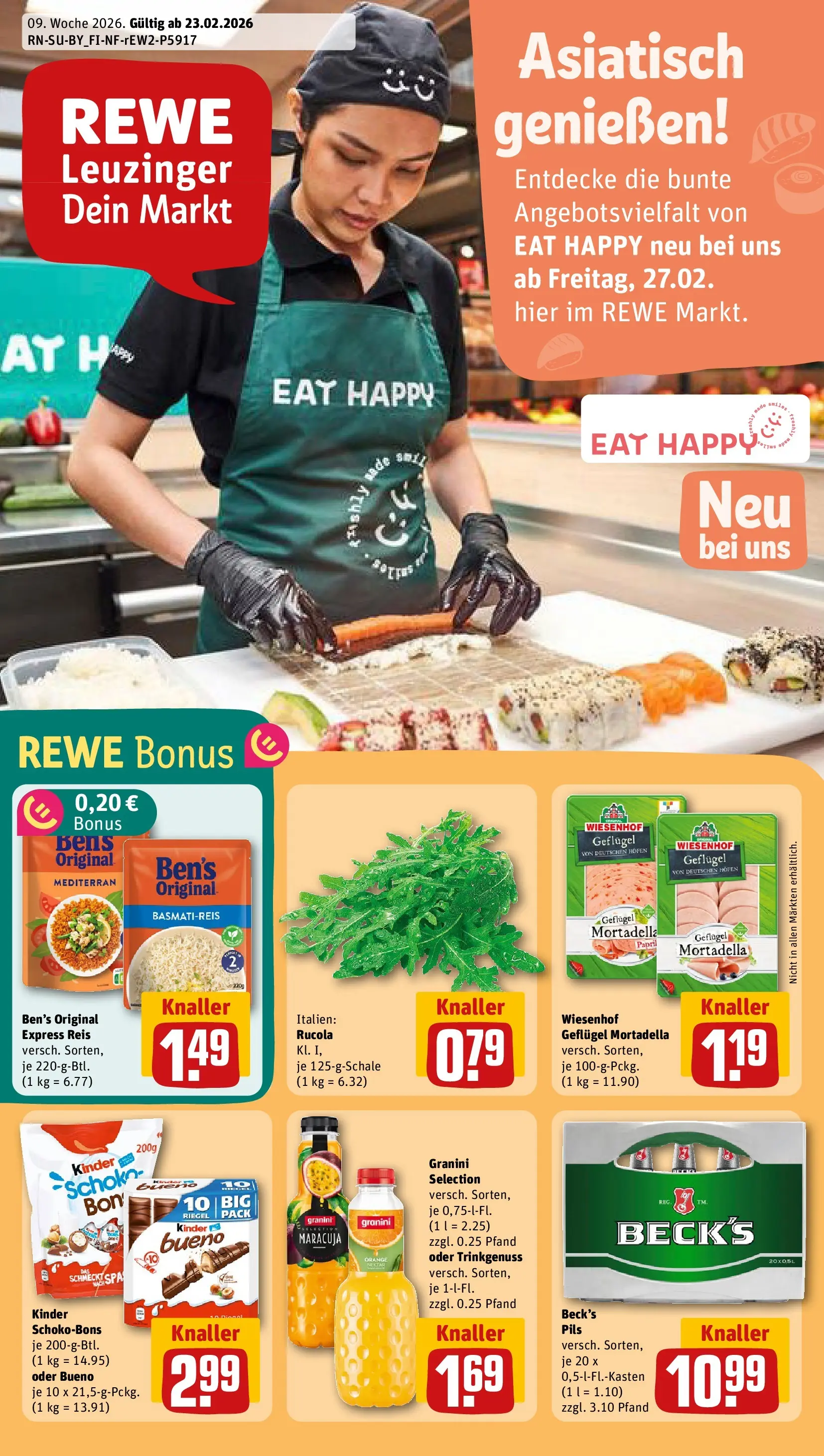 REWE Prospekt ab 22.02.2026 zum Blättern » Angebote | Seite: 1 | Produkte: Basmatireis, Rucola, Pils, Reis