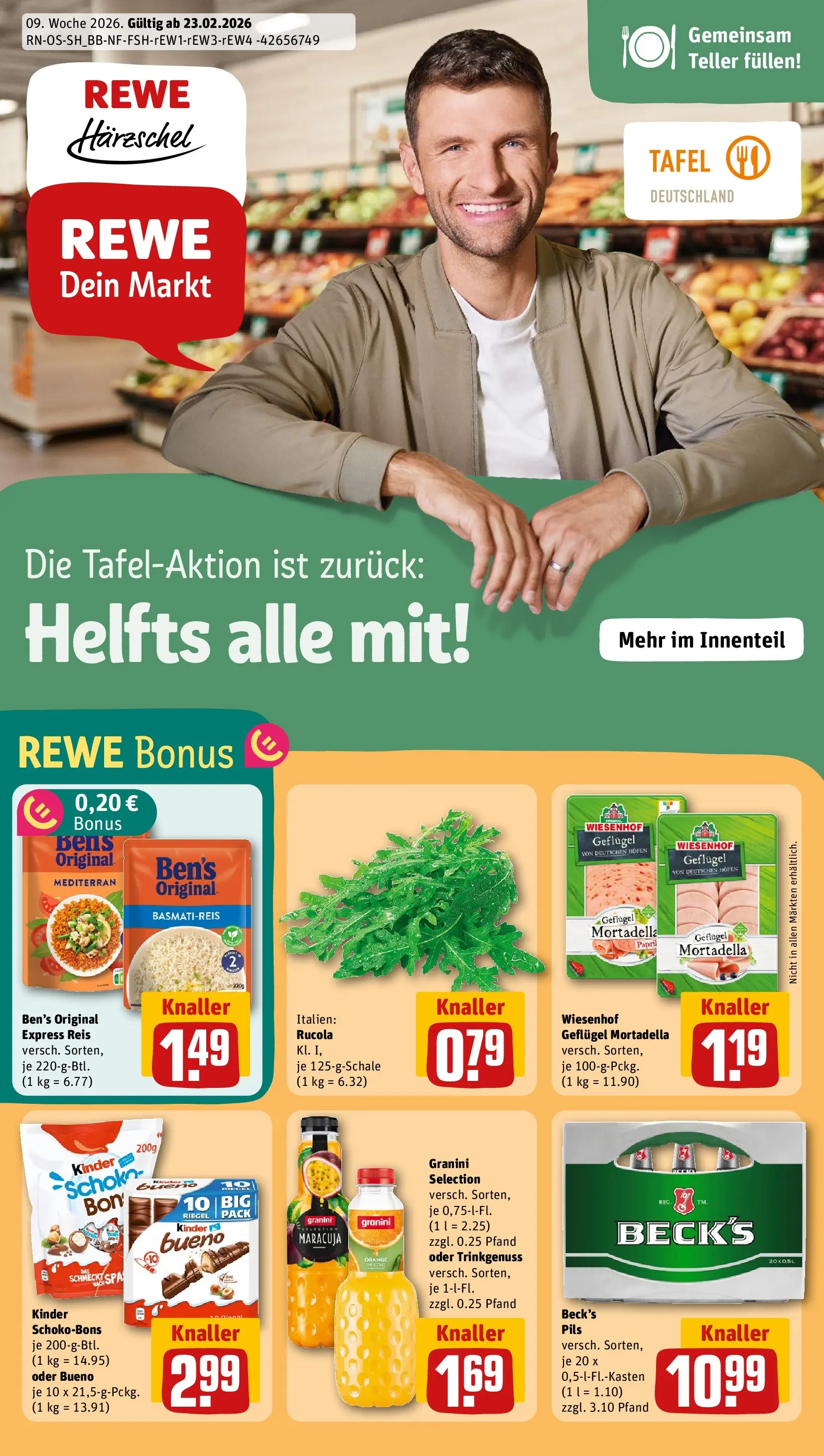 REWE Prospekt ab 22.02.2026 zum Blättern » Angebote | Seite: 1 | Produkte: Basmatireis, Rucola, Pils, Granini