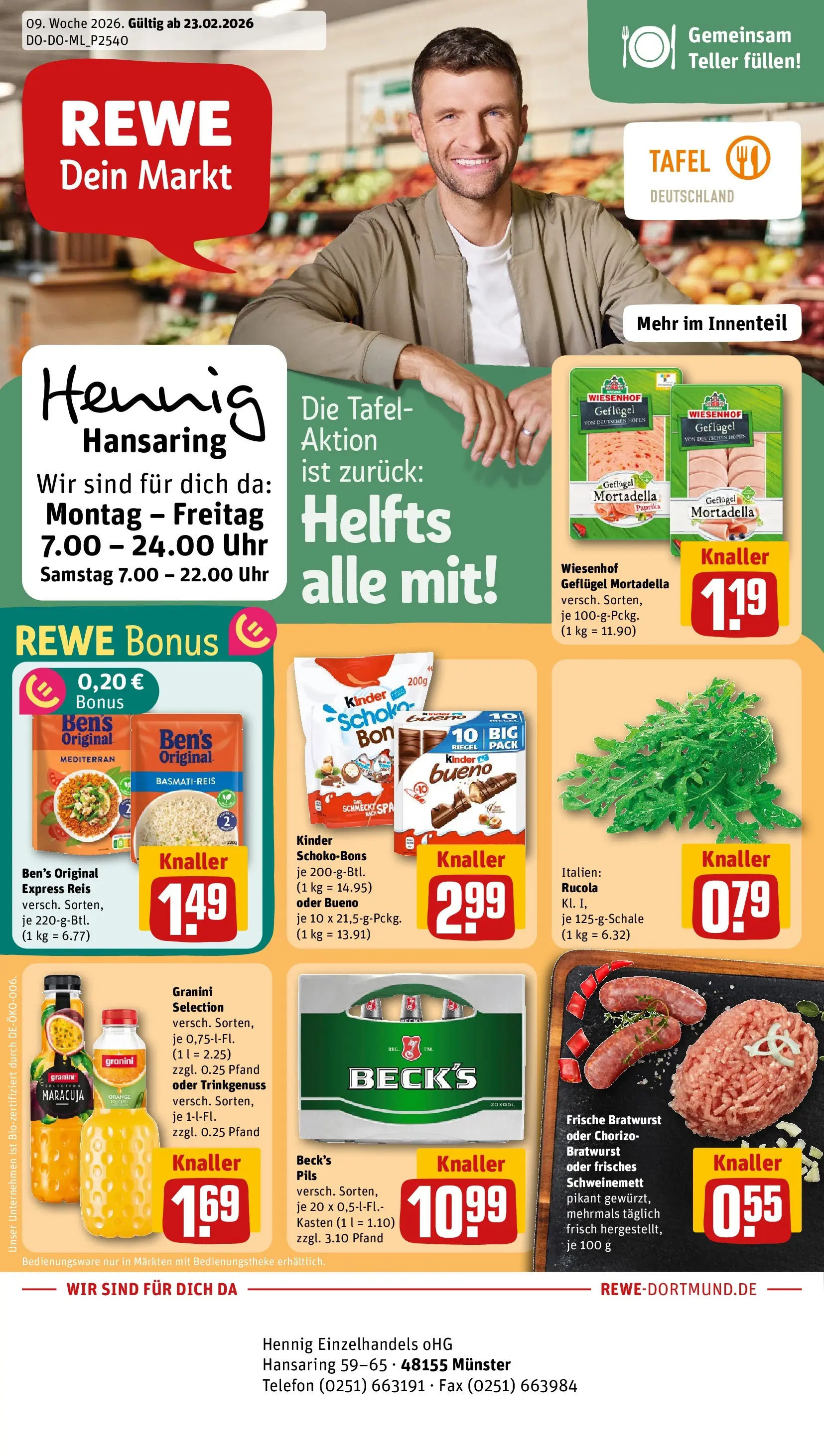 REWE Prospekt ab 22.02.2026 zum Blättern » Angebote | Seite: 1 | Produkte: Pils, Bratwurst, Reis, Uhr