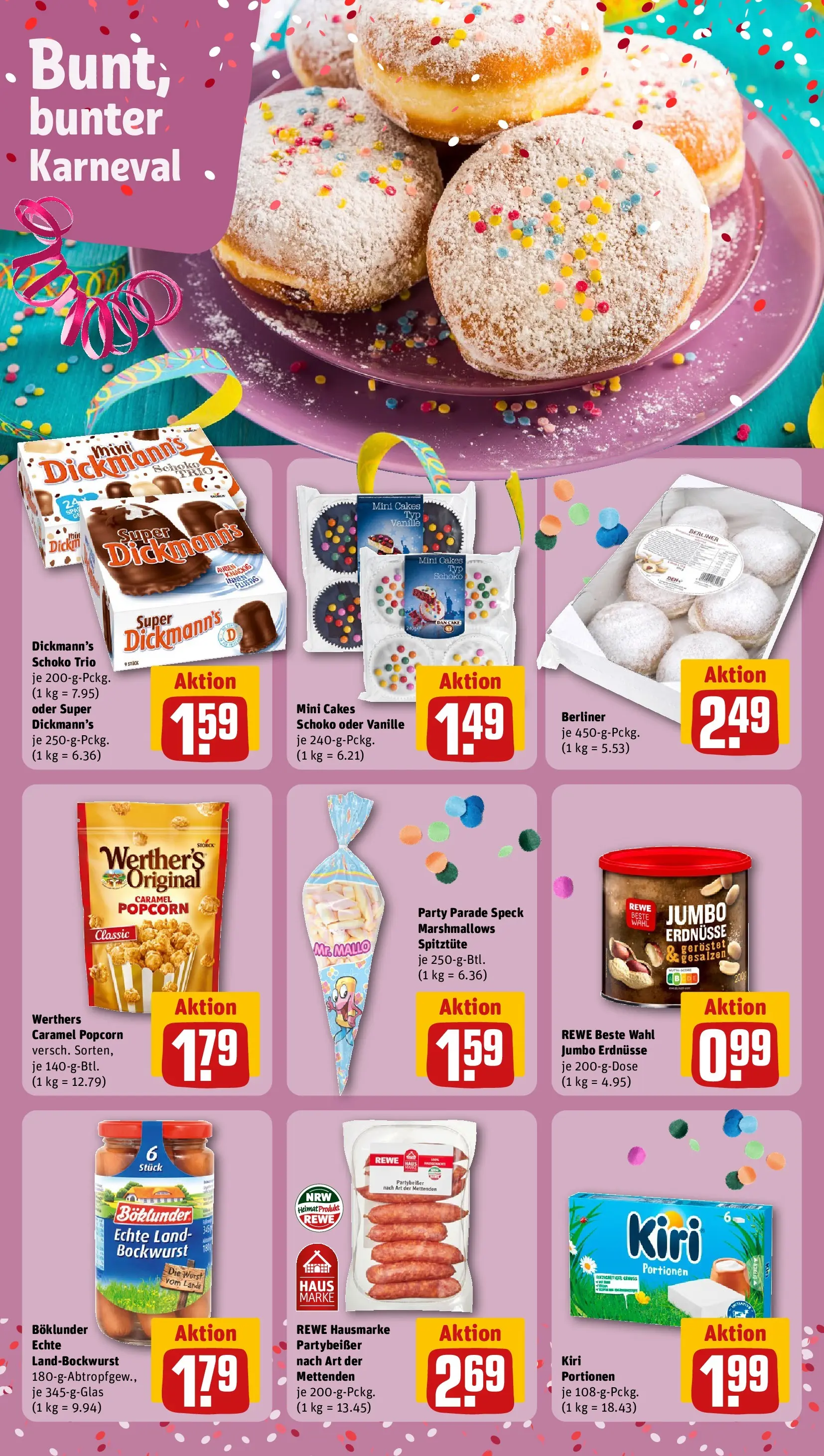 REWE Prospekt ab 22.02.2026 zum Blättern » Angebote | Seite: 18 | Produkte: Berliner, Bockwurst, Erdnüsse, Wurst