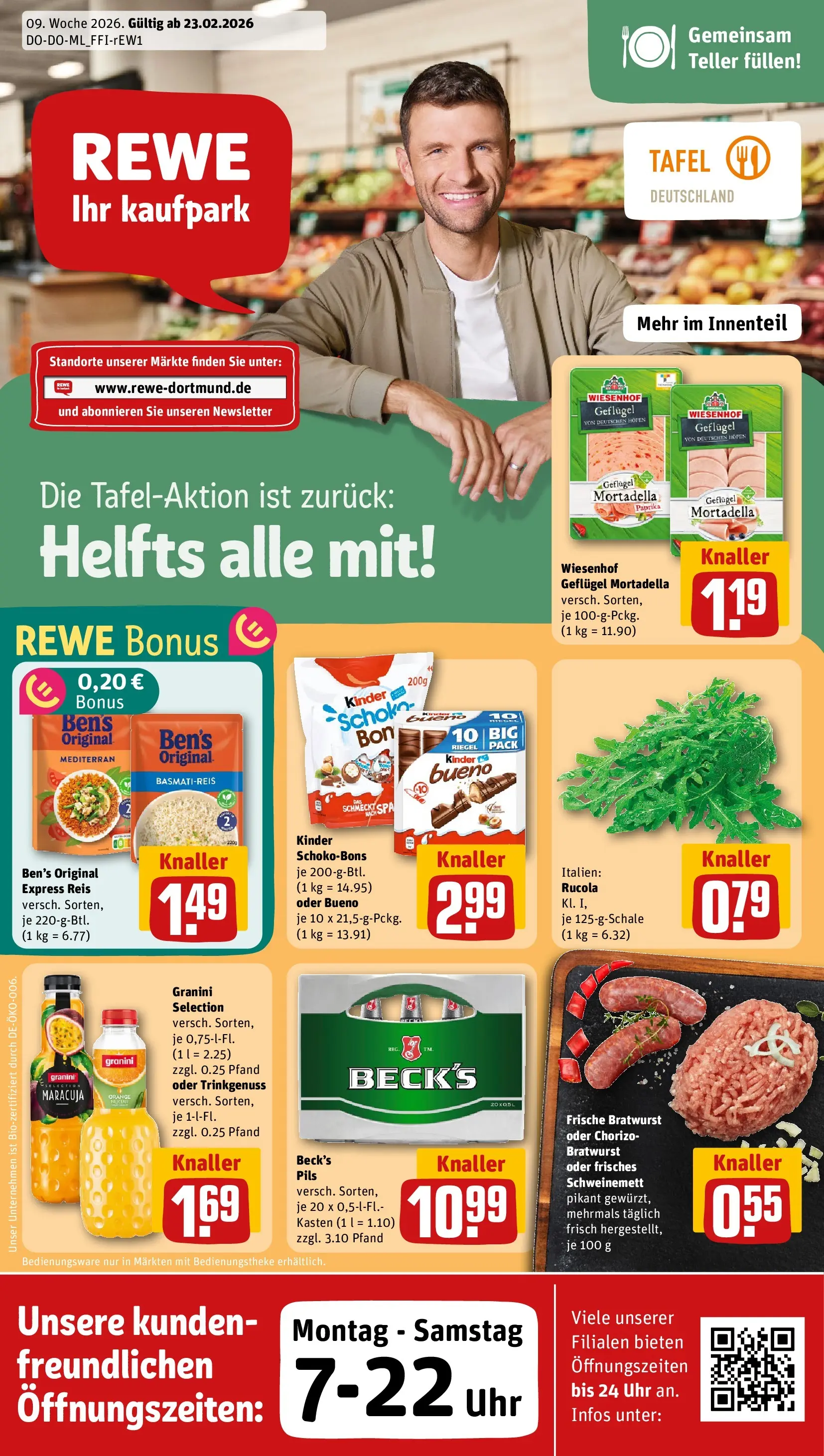 REWE Prospekt ab 22.02.2026 zum Blättern » Angebote | Seite: 1 | Produkte: Basmatireis, Bratwurst, Paprika, Uhr