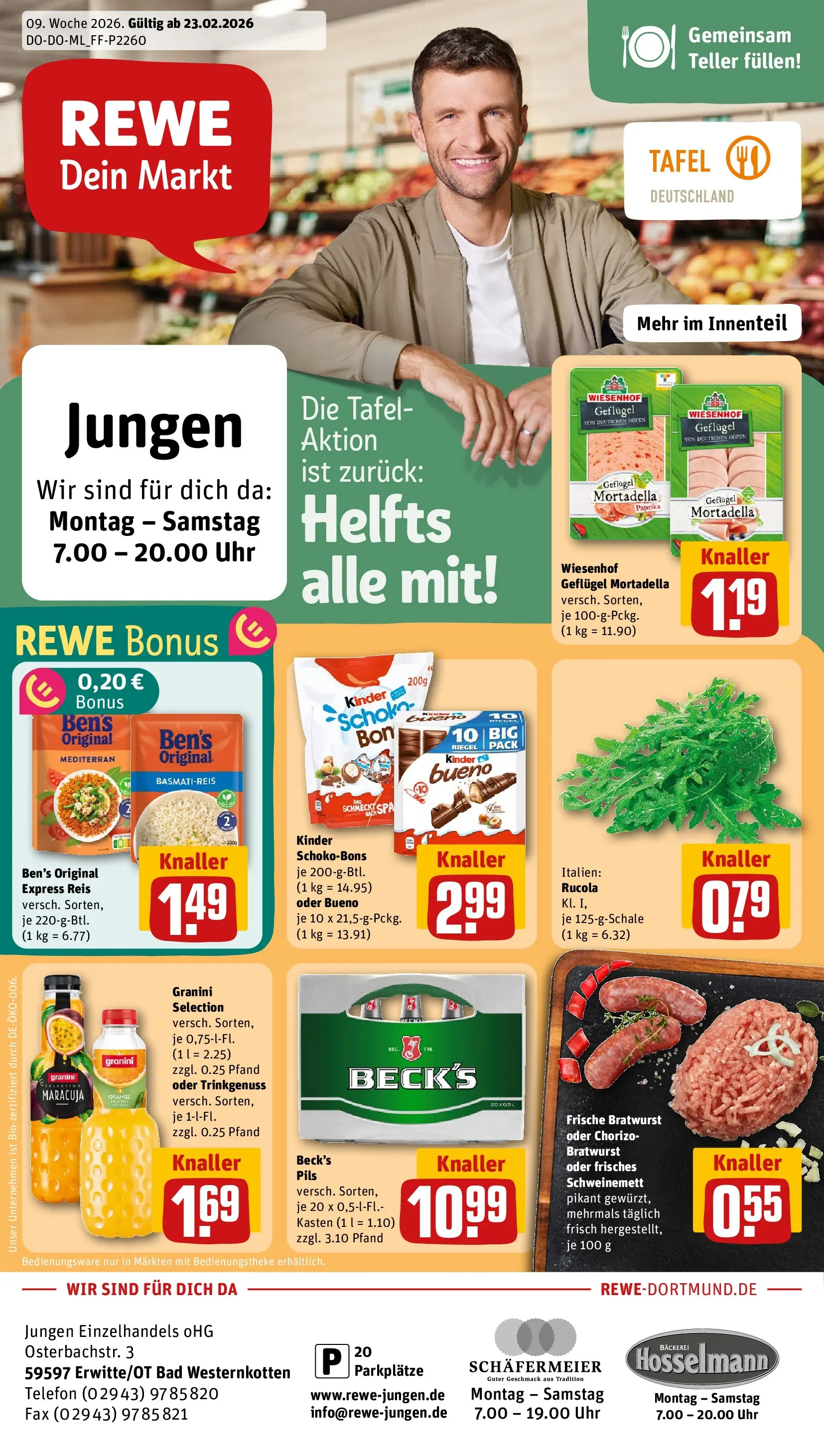 REWE Prospekt ab 22.02.2026 zum Blättern » Angebote | Seite: 1 | Produkte: Rucola, Bratwurst, Paprika, Uhr
