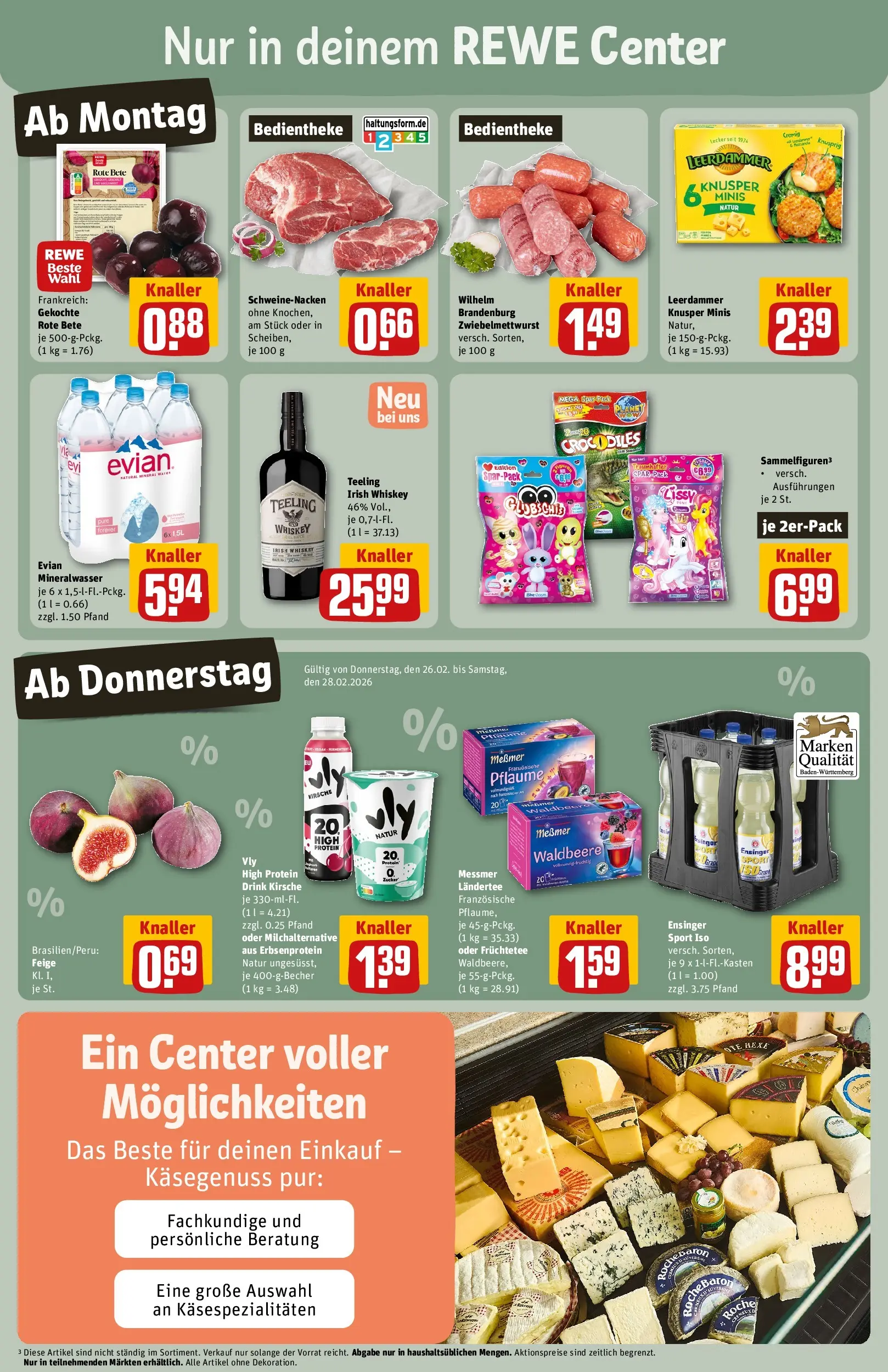 REWE Prospekt ab 22.02.2026 zum Blättern » Angebote | Seite: 3 | Produkte: Schweinenacken, Mineralwasser, Leerdammer, Whiskey