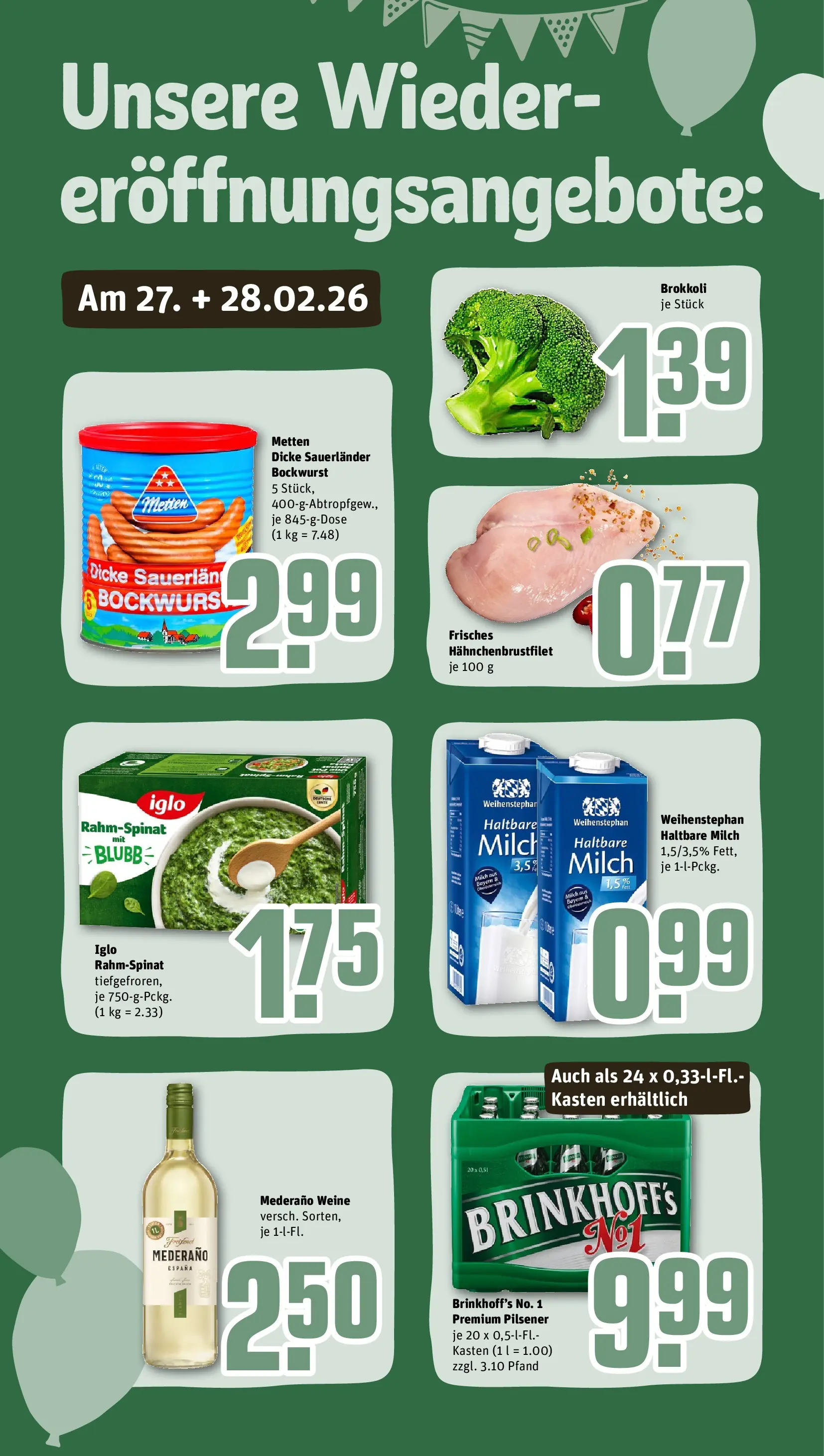 REWE Prospekt ab 22.02.2026 zum Blättern » Angebote | Seite: 4 | Produkte: Bockwurst, Milch, Iglo, Brokkoli