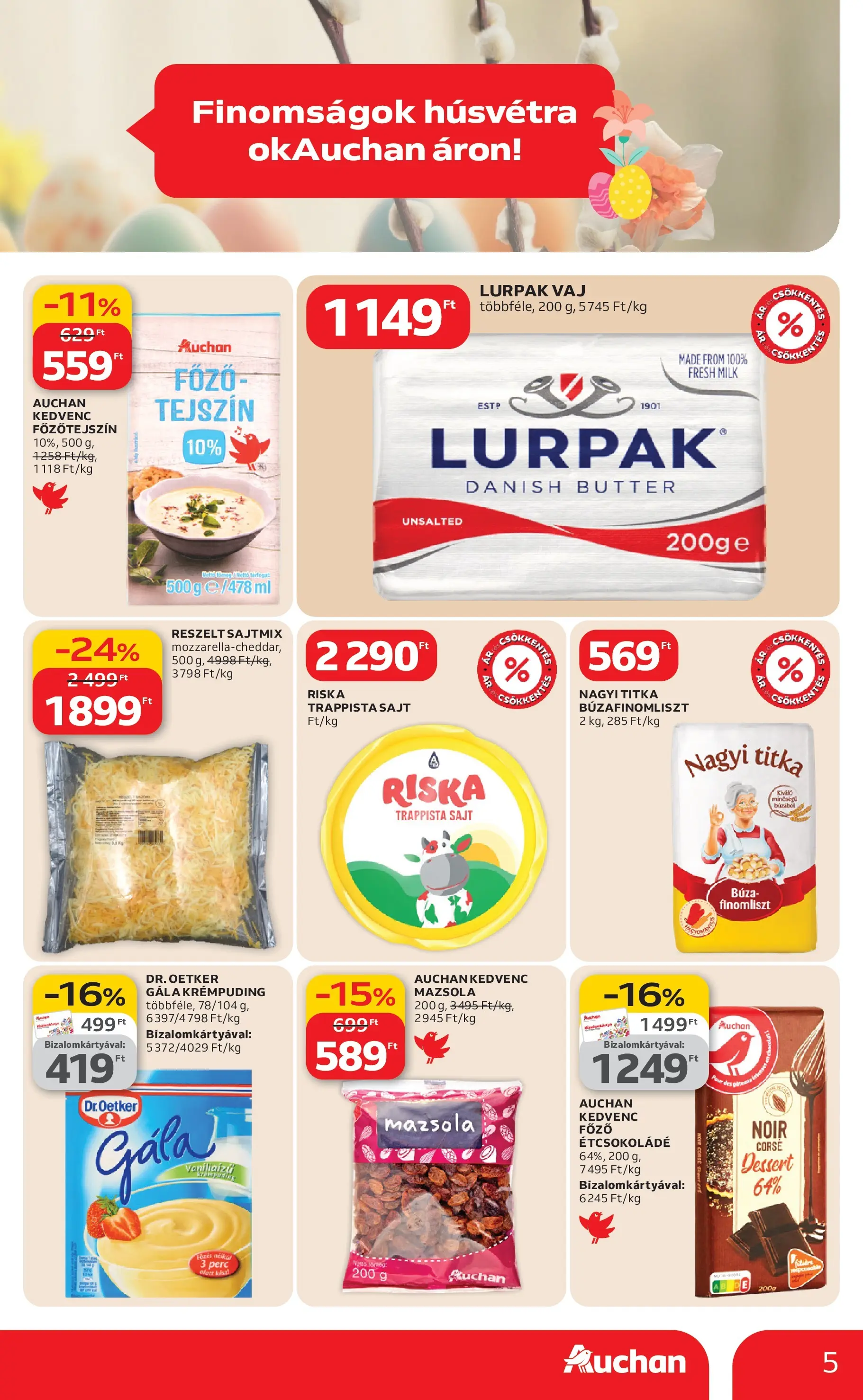Auchan Akciós újság Miskolc - 2026.02.19. -tól/töl > akció, lapozható szórólap 🛍️ | Oldal: 5 | Termékek: Lurpak vaj, Főzőtejszín, Tejszín, Mazsola