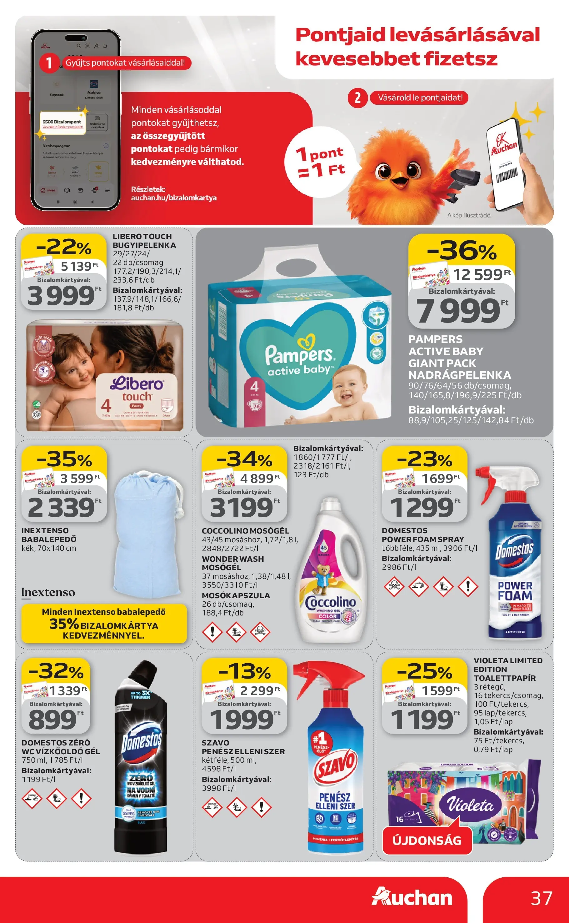Auchan Akciós újság Miskolc - 2026.02.19. -tól/töl > akció, lapozható szórólap 🛍️ | Oldal: 37 | Termékek: Pampers, Vízkőoldó, Mosógél, Szavó