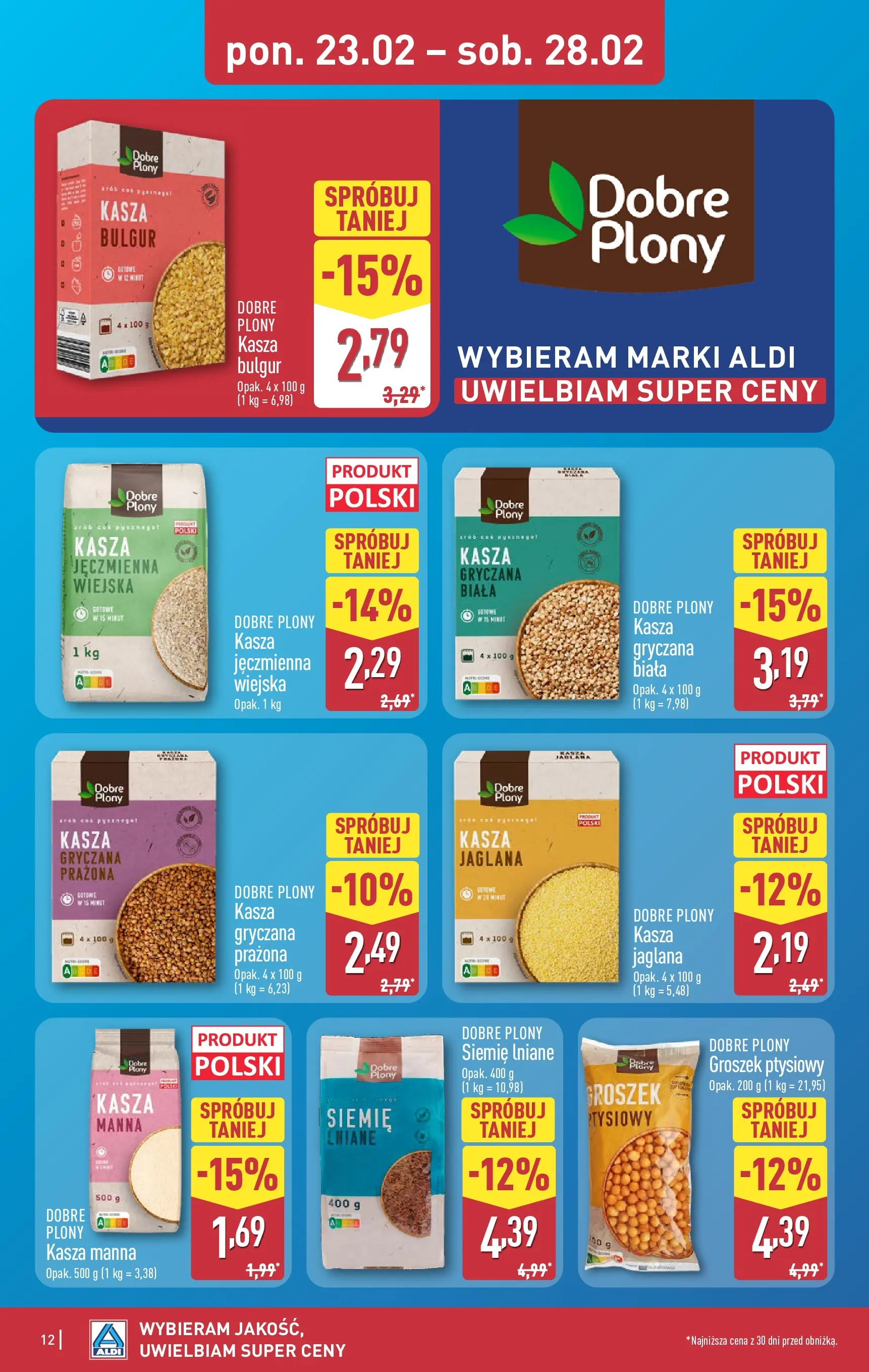 Aldi - Tanie zakupy w ALDI od 22.02.2026 - Ulotka PDF, promocje | Strona: 12 | Produkty: Kasza jęczmienna, Bulgur, Kasza manna, Siemie lniane