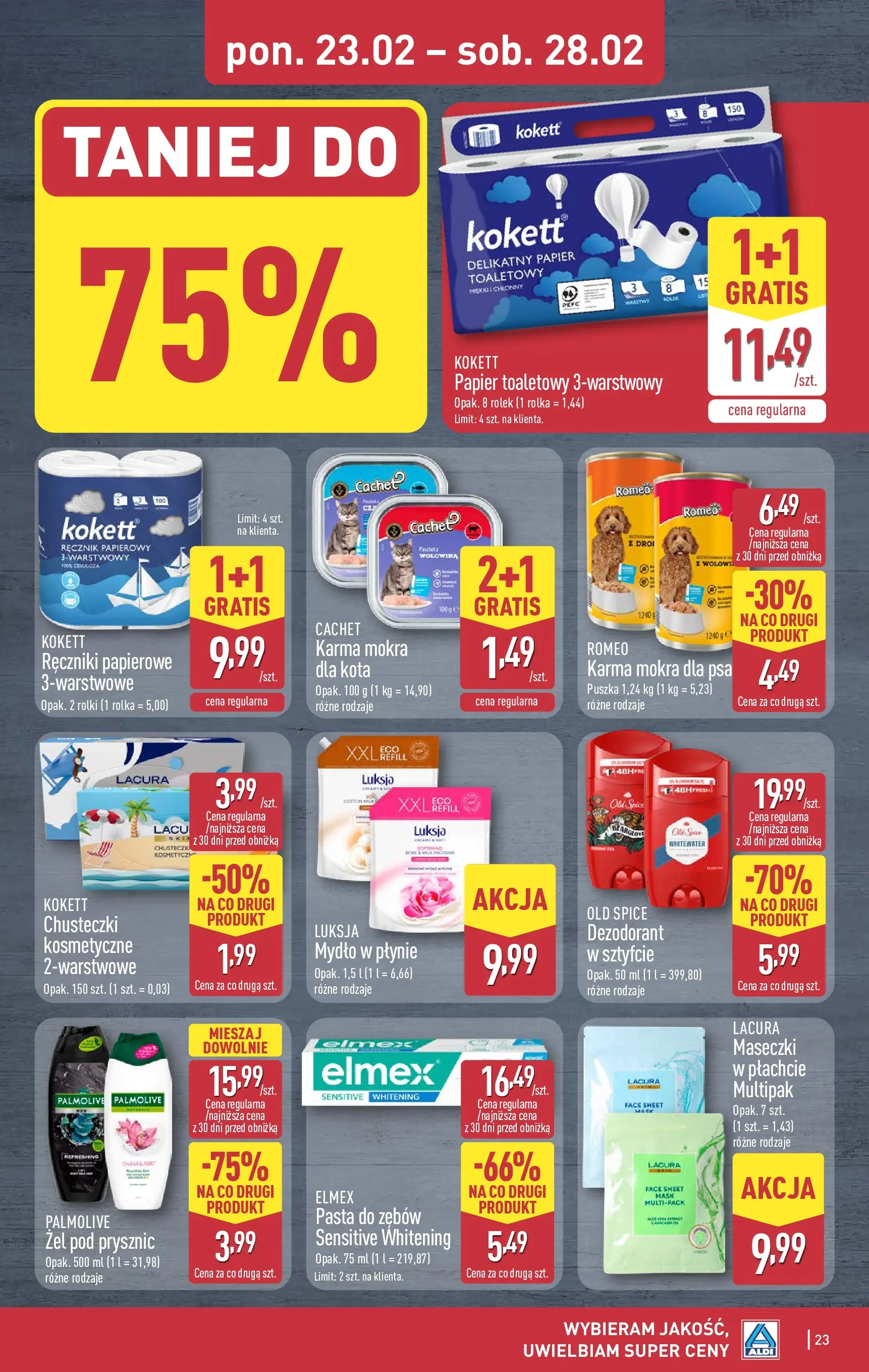 Aldi - Tanie zakupy w ALDI od 22.02.2026 - Ulotka PDF, promocje | Strona: 23 | Produkty: Papier toaletowy, Ręczniki papierowe, Żel pod prysznic, Pasta do zębów