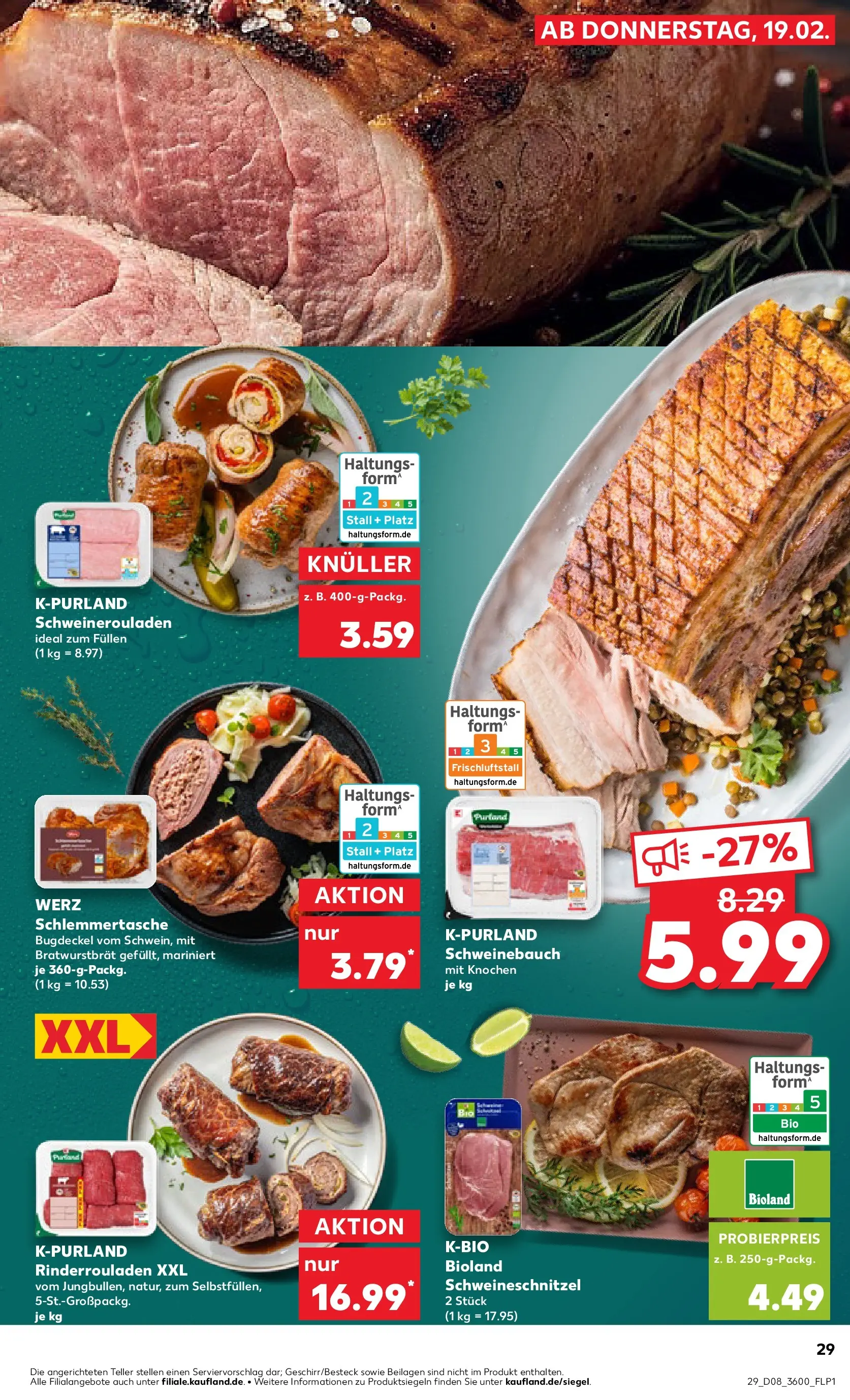 Prospekt Kaufland ab 22.02.2026 » Angebote Online zum Blättern | Seite: 29 | Produkte: Rinderrouladen, Schweinebauch, Schnitzel