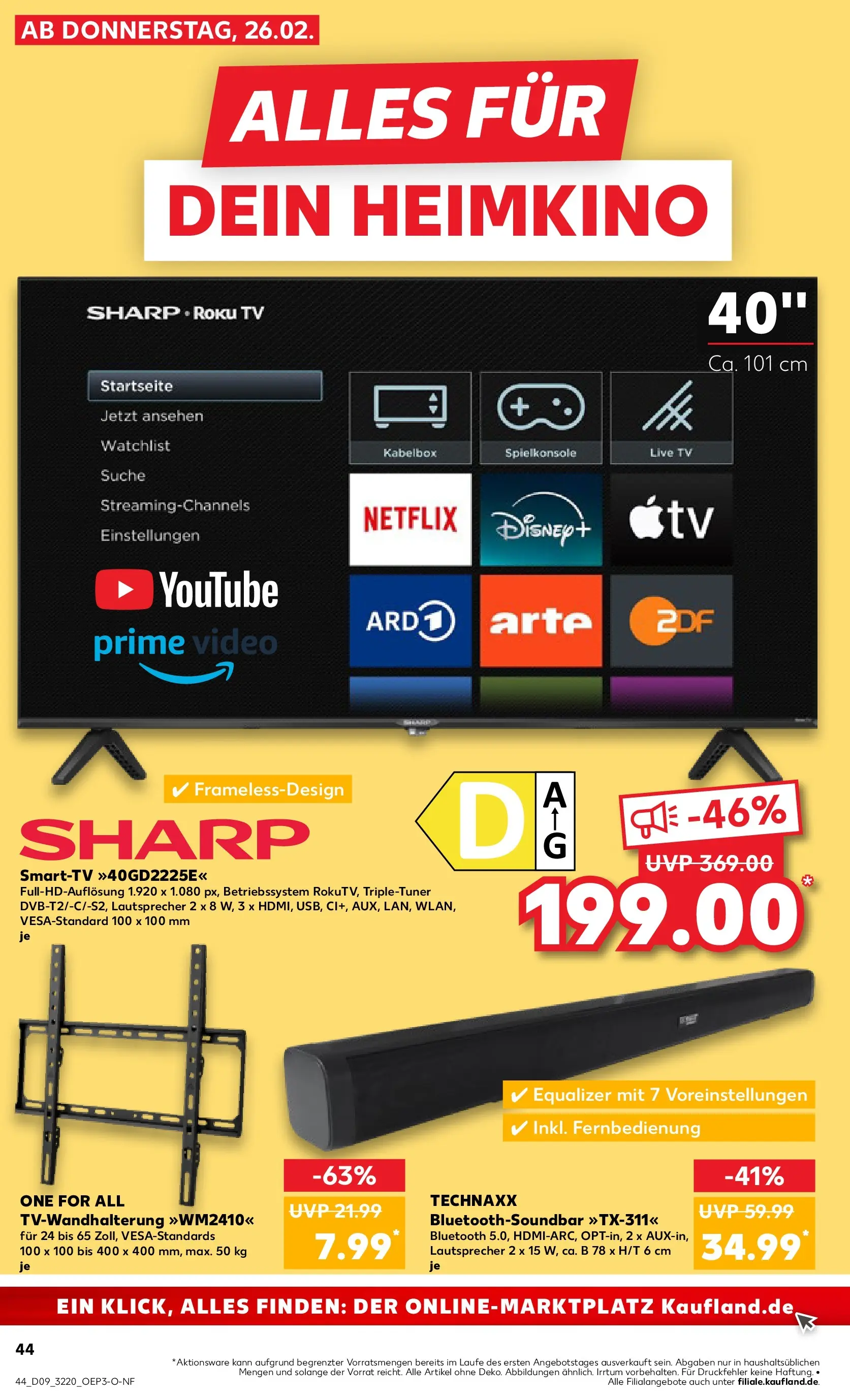 Prospekt Kaufland ab 26.02.2026 » Angebote Online zum Blättern | Seite: 44 | Produkte: Lautsprecher, Soundbar, Heimkino, TV