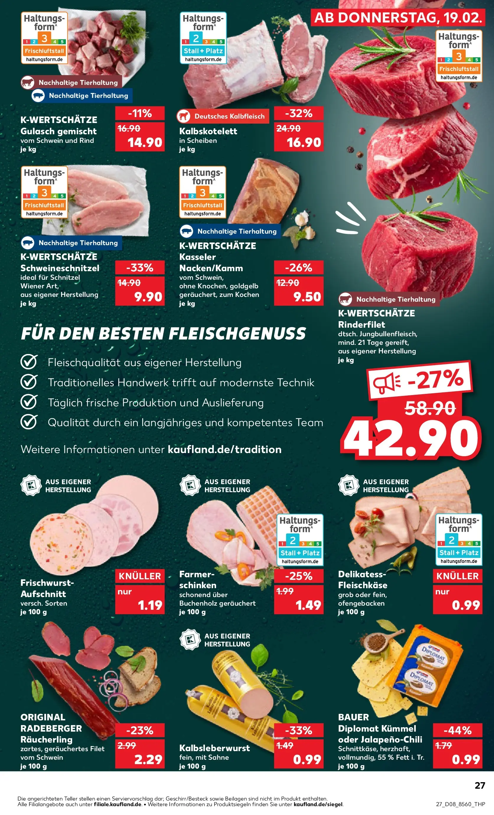 Prospekt Kaufland ab 22.02.2026 » Angebote Online zum Blättern | Seite: 27 | Produkte: Rinderfilet, Schnitzel, Schinken, Sahne