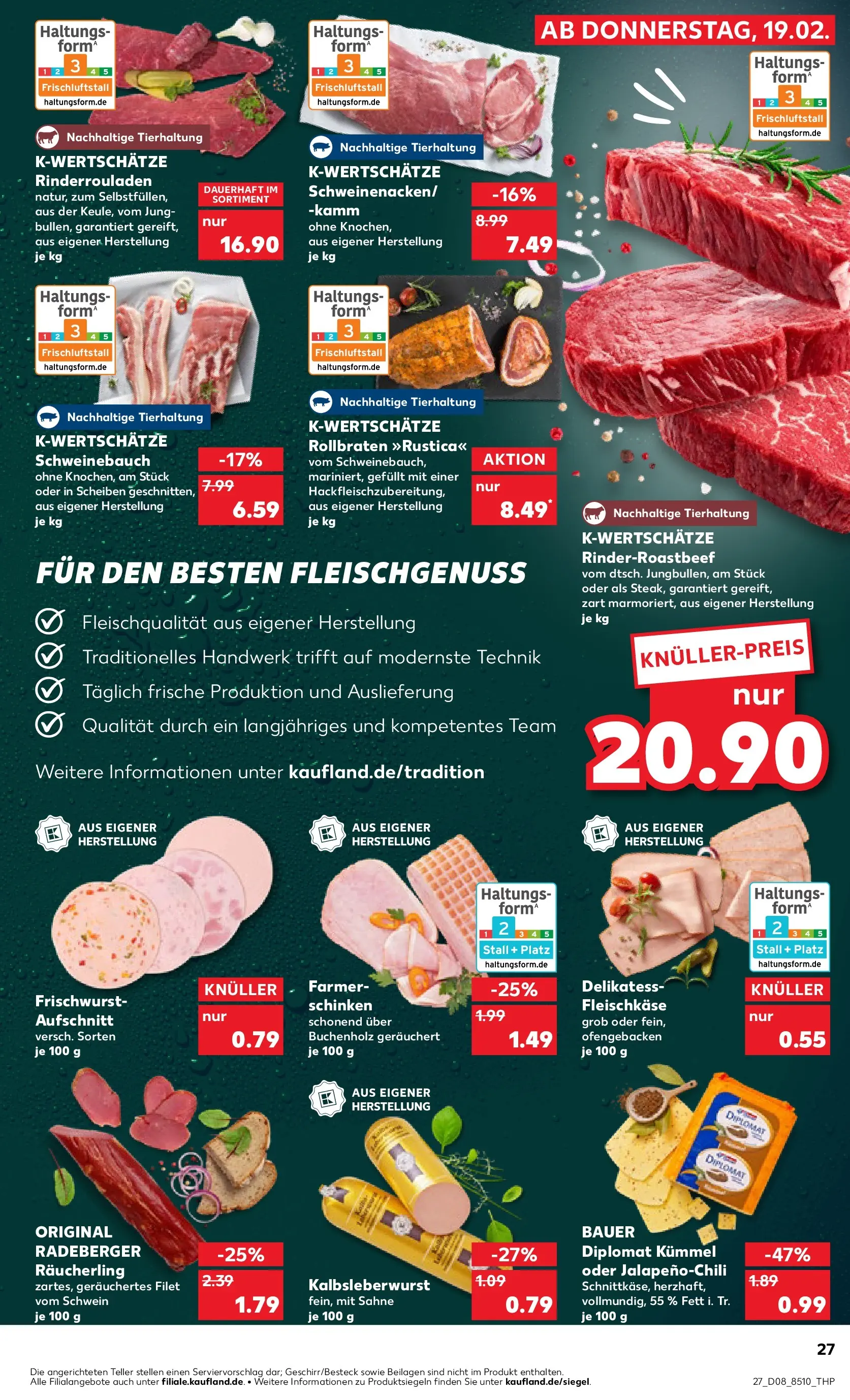 Prospekt Kaufland ab 22.02.2026 » Angebote Online zum Blättern | Seite: 27 | Produkte: Rinderrouladen, Schweinebauch, Schinken, Sahne