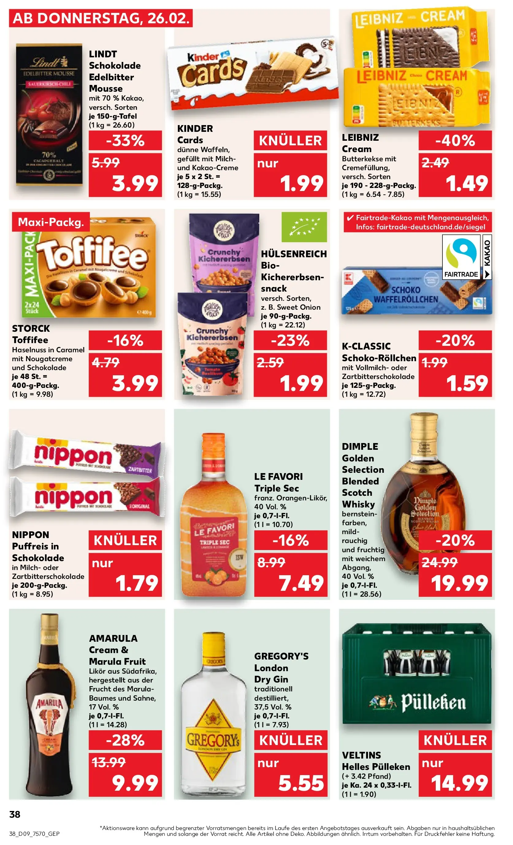 Prospekt Kaufland ab 26.02.2026 » Angebote Online zum Blättern | Seite: 38 | Produkte: Helles pulleken, Whisky, Likör, Lindt