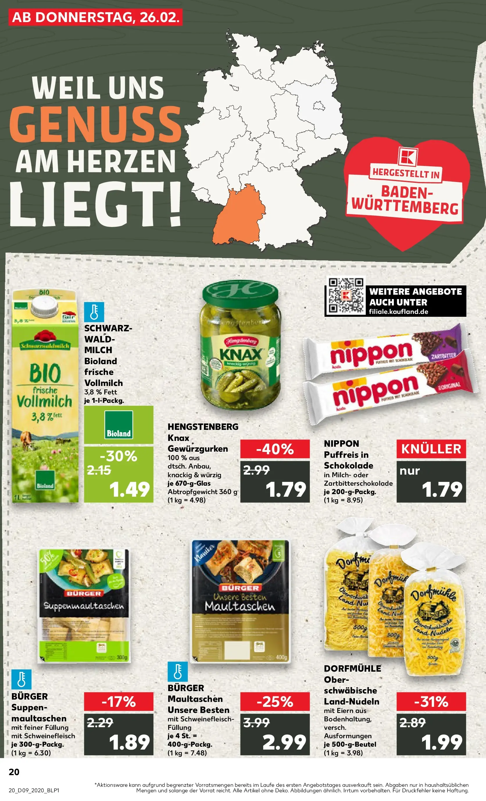 Prospekt Kaufland ab 26.02.2026 » Angebote Online zum Blättern | Seite: 20 | Produkte: Milch, Schokolade, Schweinefleisch, Maultaschen