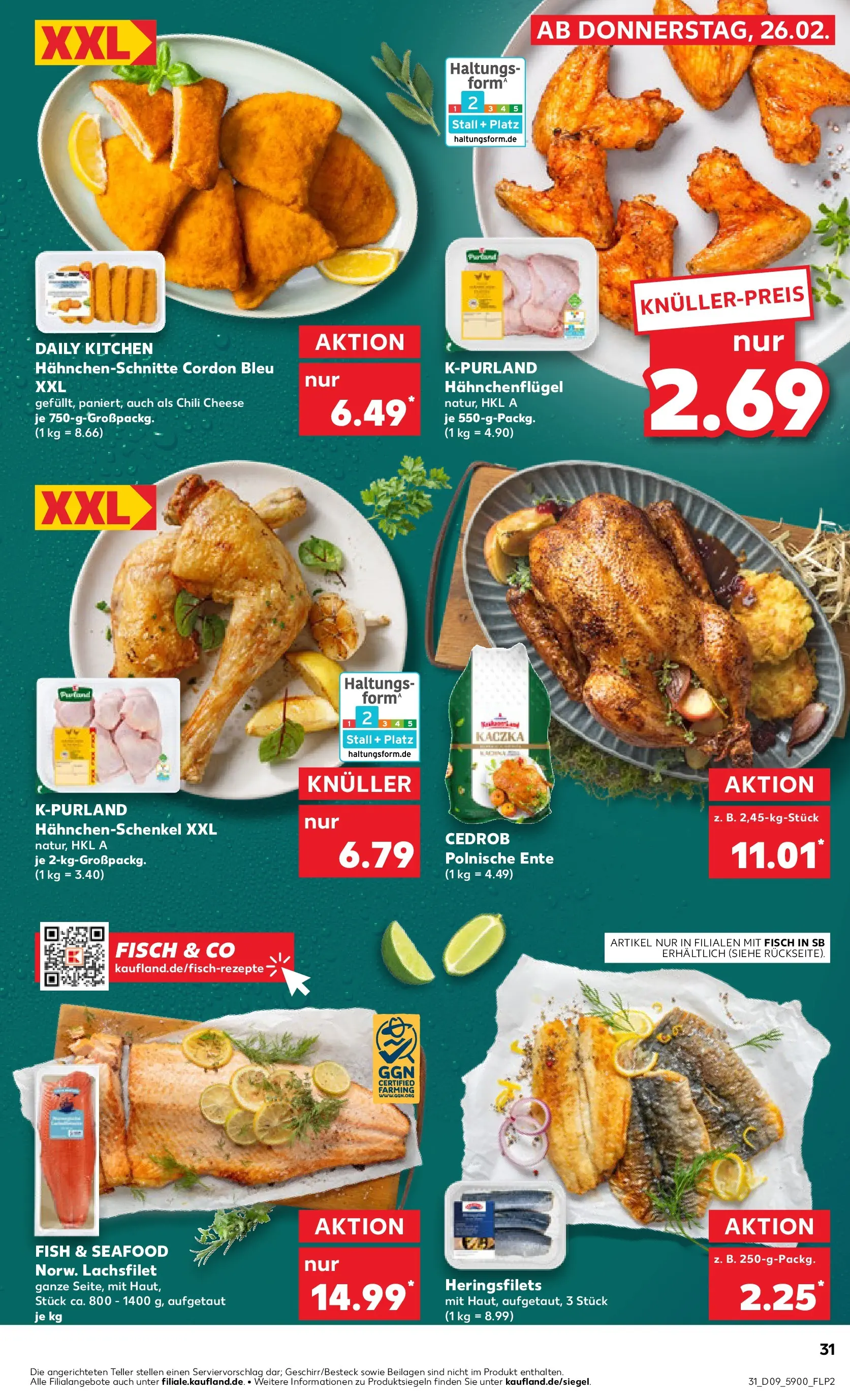 Prospekt Kaufland ab 26.02.2026 » Angebote Online zum Blättern | Seite: 31 | Produkte: Hahnchenschenkel, Fisch, Chili, Ente
