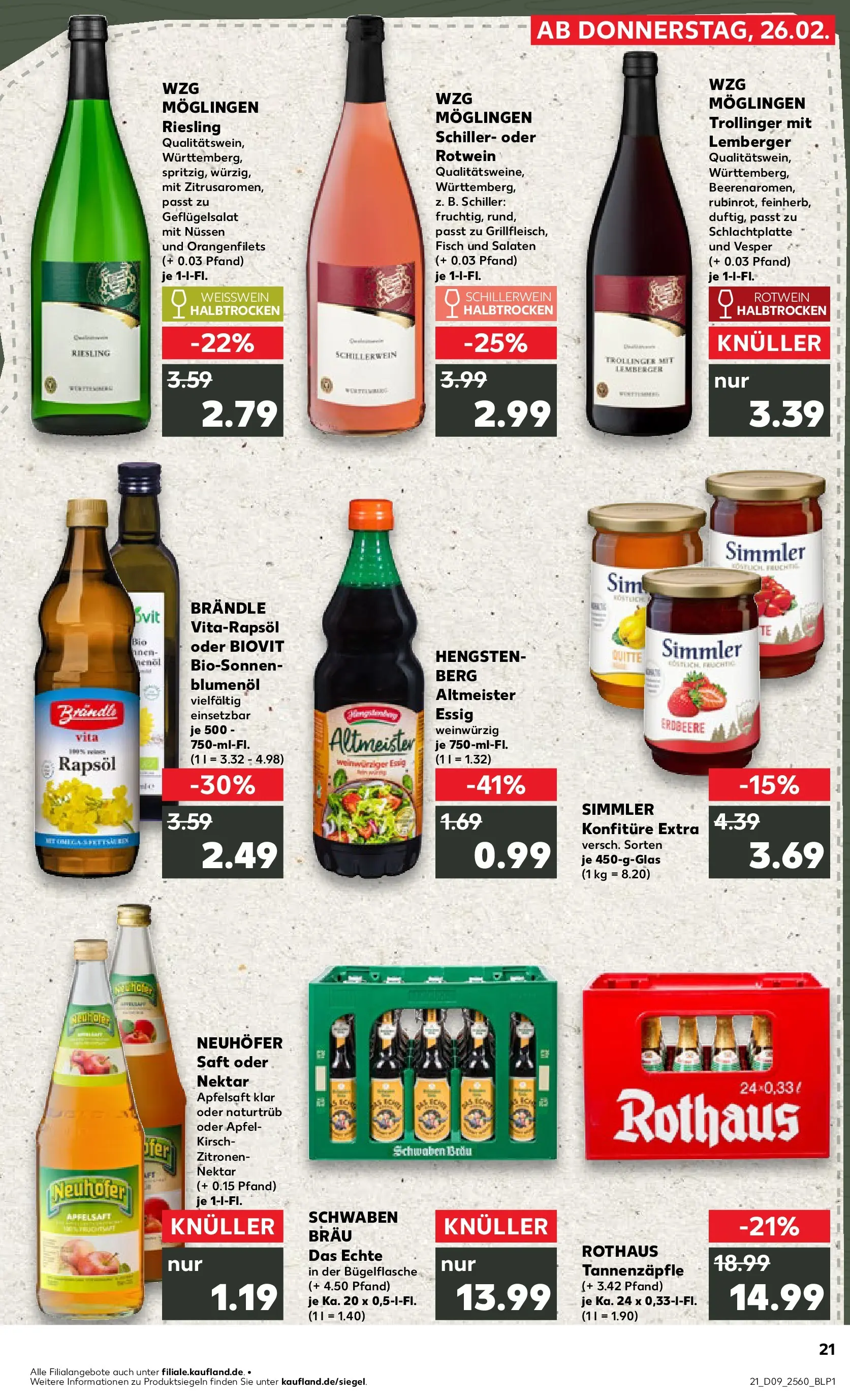 Prospekt Kaufland ab 26.02.2026 » Angebote Online zum Blättern | Seite: 21 | Produkte: Essig, Weißwein, Apfelsaft, Fisch