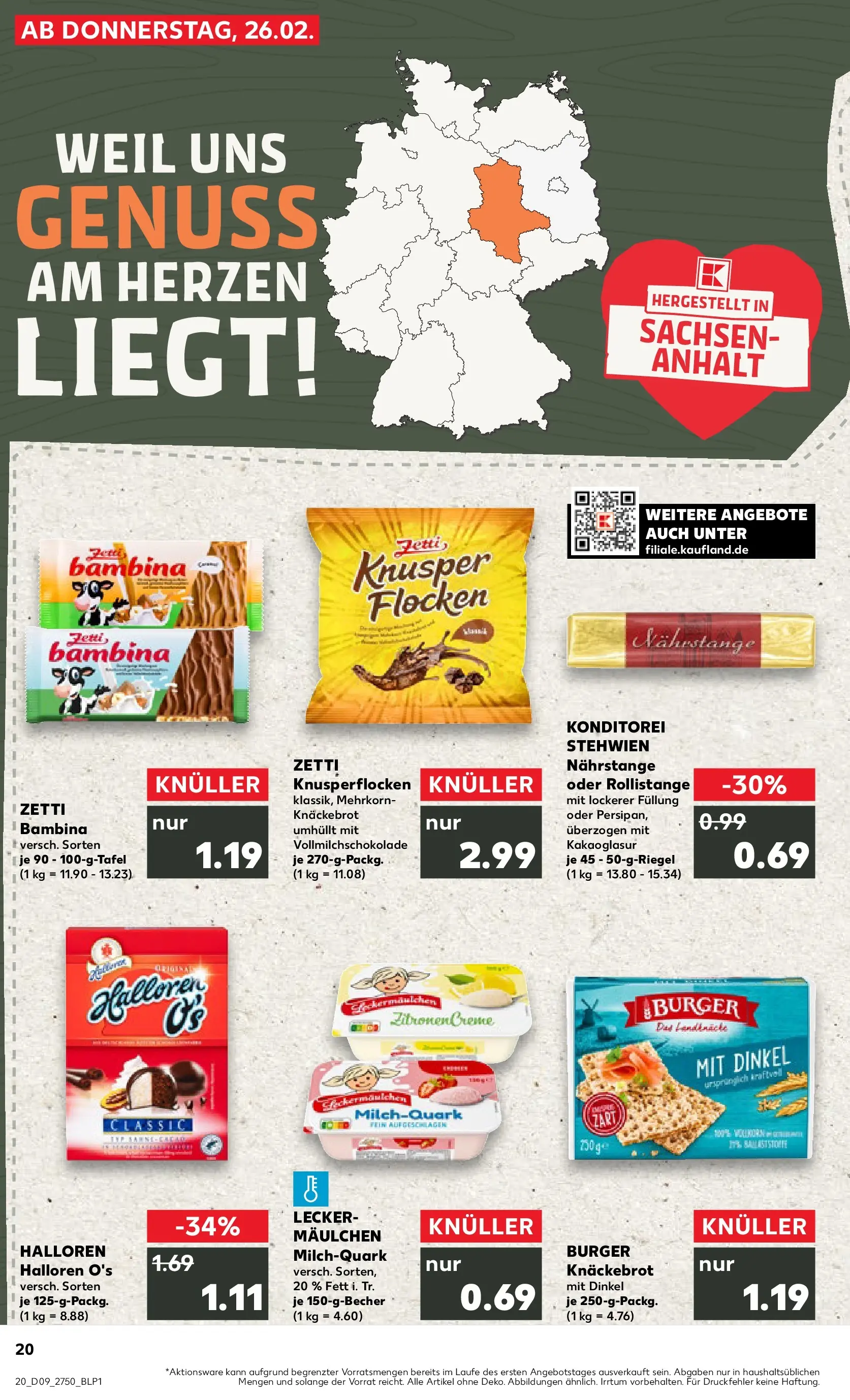 Prospekt Kaufland ab 26.02.2026 » Angebote Online zum Blättern | Seite: 20 | Produkte: Quark, Burger, Creme, Flocken