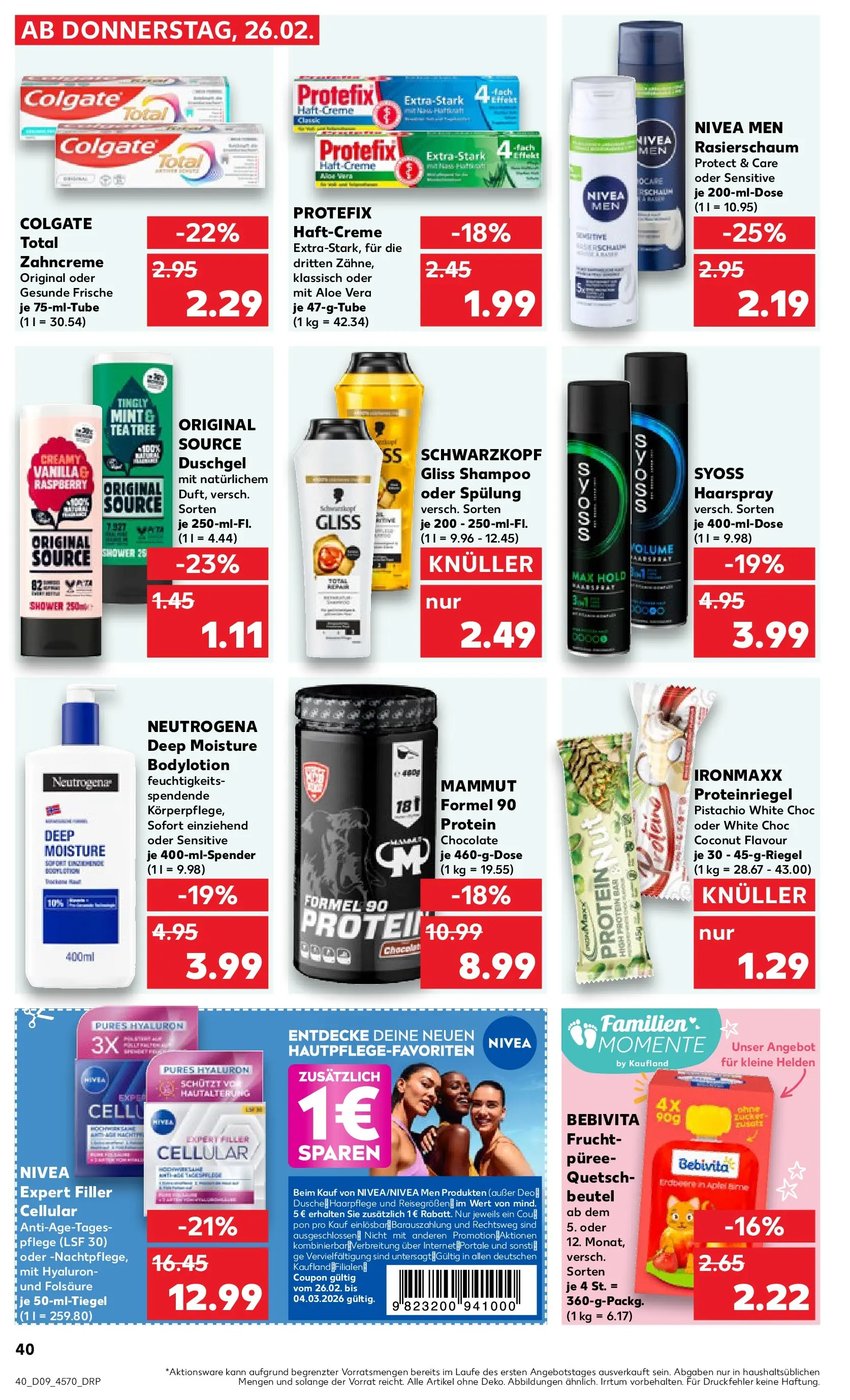 Prospekt Kaufland ab 26.02.2026 » Angebote Online zum Blättern | Seite: 40 | Produkte: Spülung, Haarspray, Rasierschaum, Shower Gel