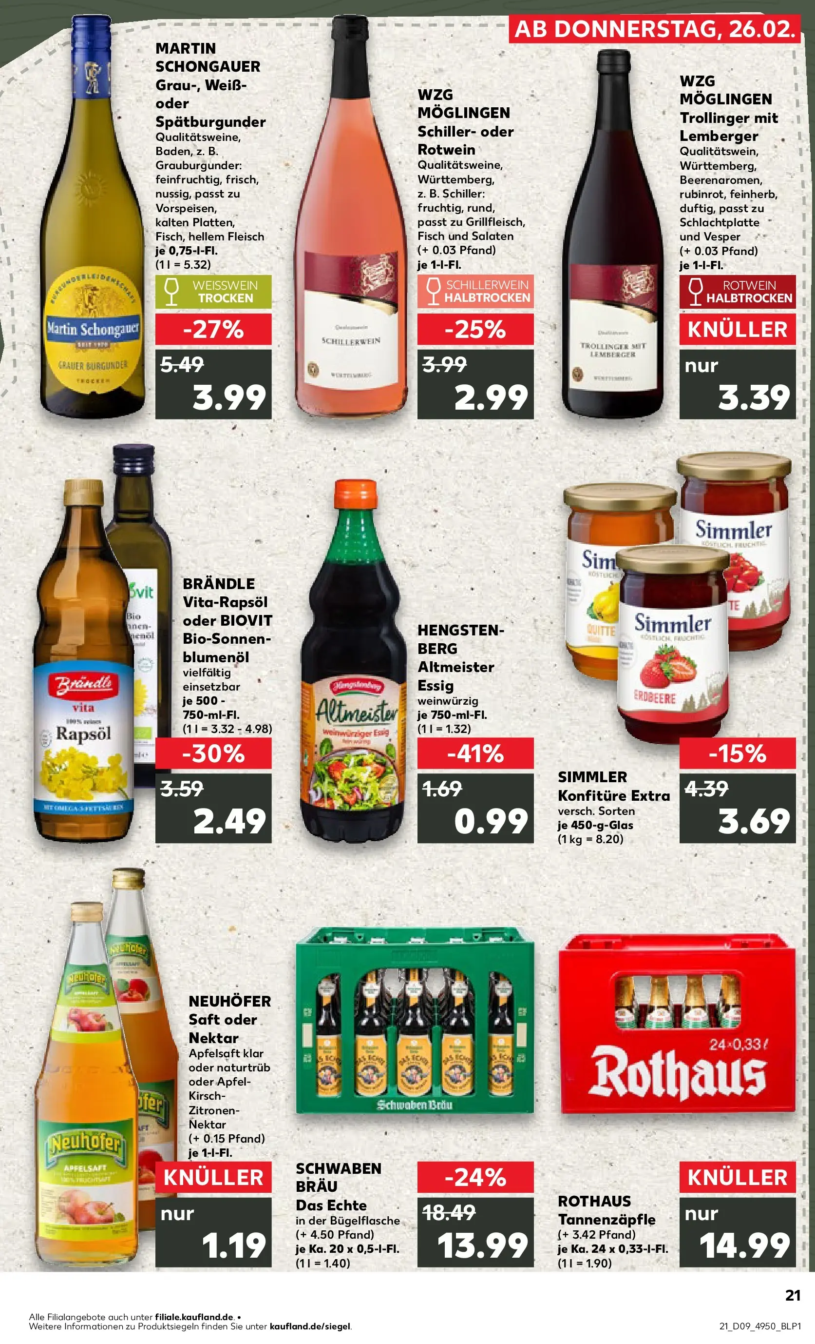 Prospekt Kaufland ab 26.02.2026 » Angebote Online zum Blättern | Seite: 21 | Produkte: Essig, Rotwein halbtrocken, Apfelsaft, Fisch