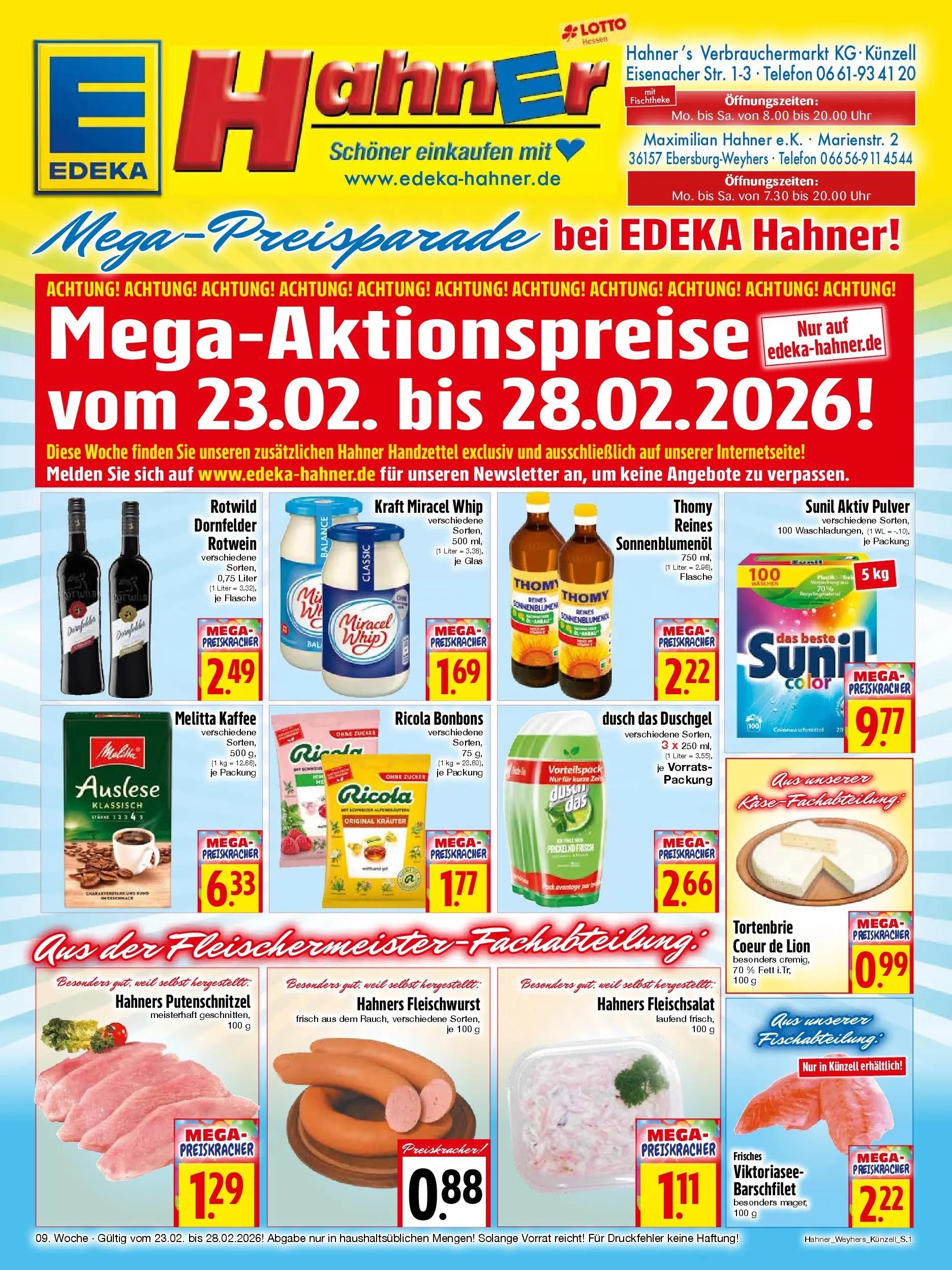 Angebote - Edeka Hahner: Wochenangebote (ab 22.02.2026) zum Blättern | Seite: 1 | Produkte: Kaffee, Sonnenblumenol, Miracel whip, Putenschnitzel