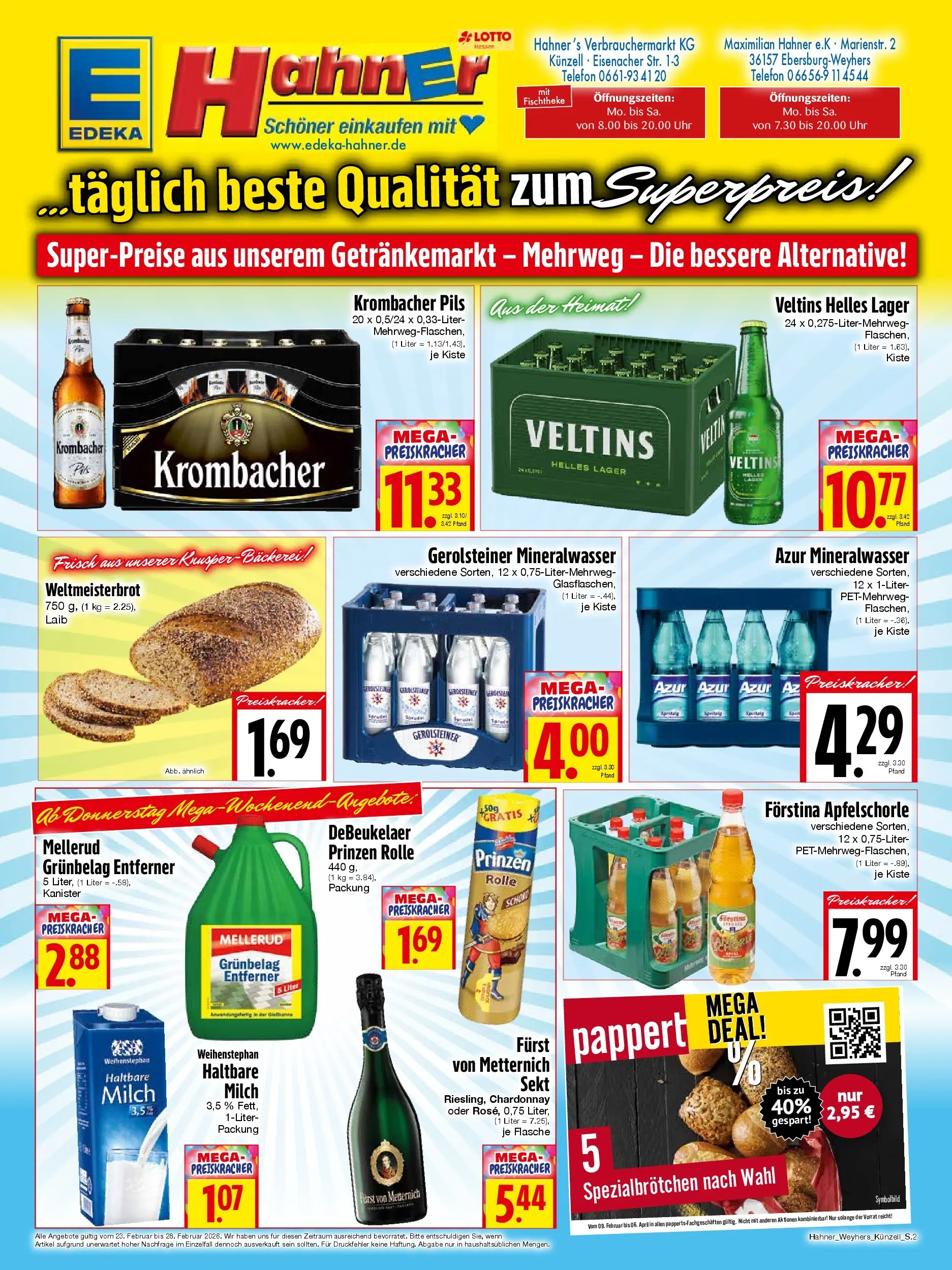 Angebote - Edeka Hahner: Wochenangebote (ab 22.02.2026) zum Blättern | Seite: 2 | Produkte: Pils, Uhr, Veltins, Gerolsteiner