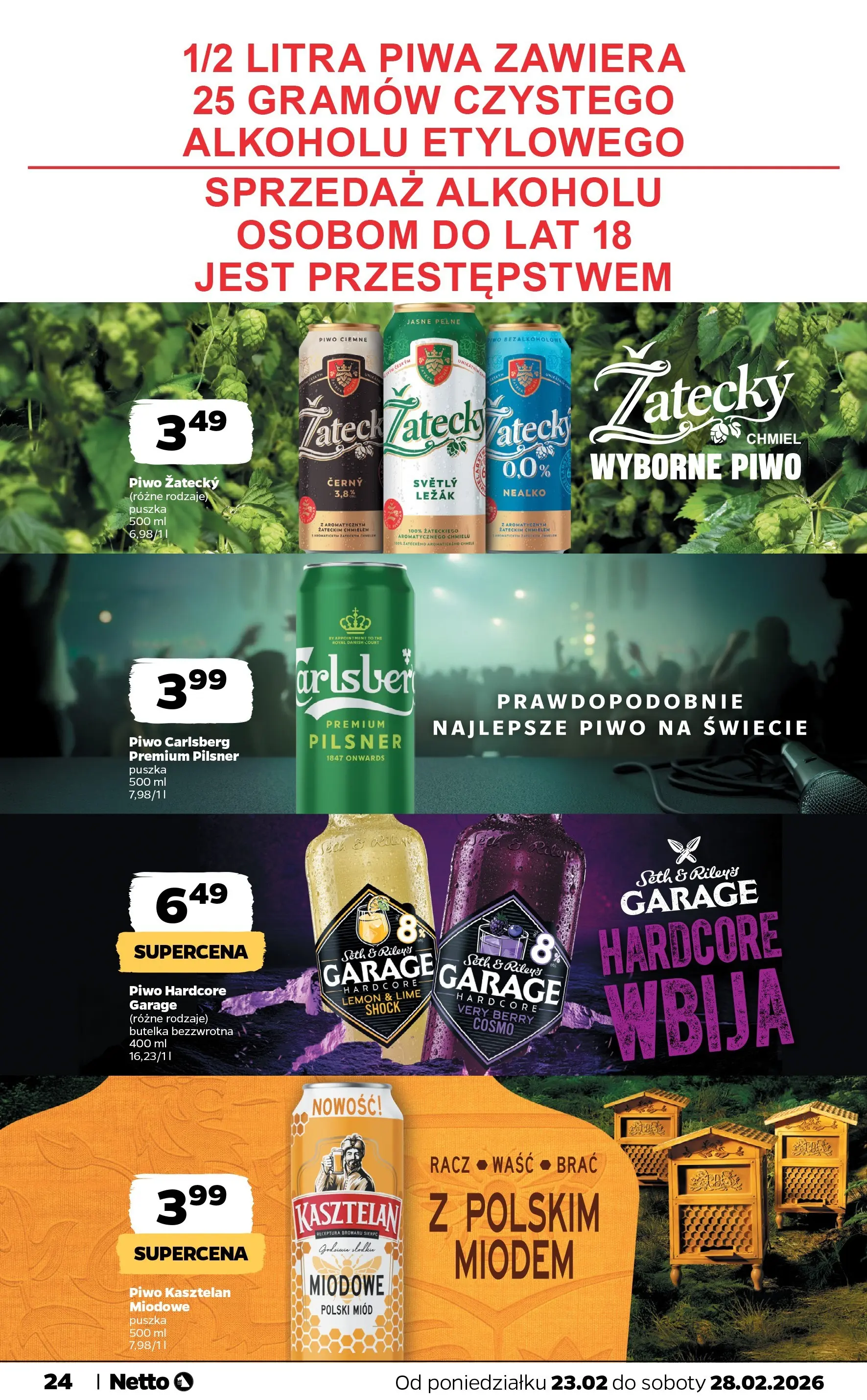 Netto - NETTO T09A ważne do 28.02.2026 od 22.02.2026 - Aktualne promocje | Strona: 24 | Produkty: Miód, Leżak, Piwo Carlsberg, Piwo