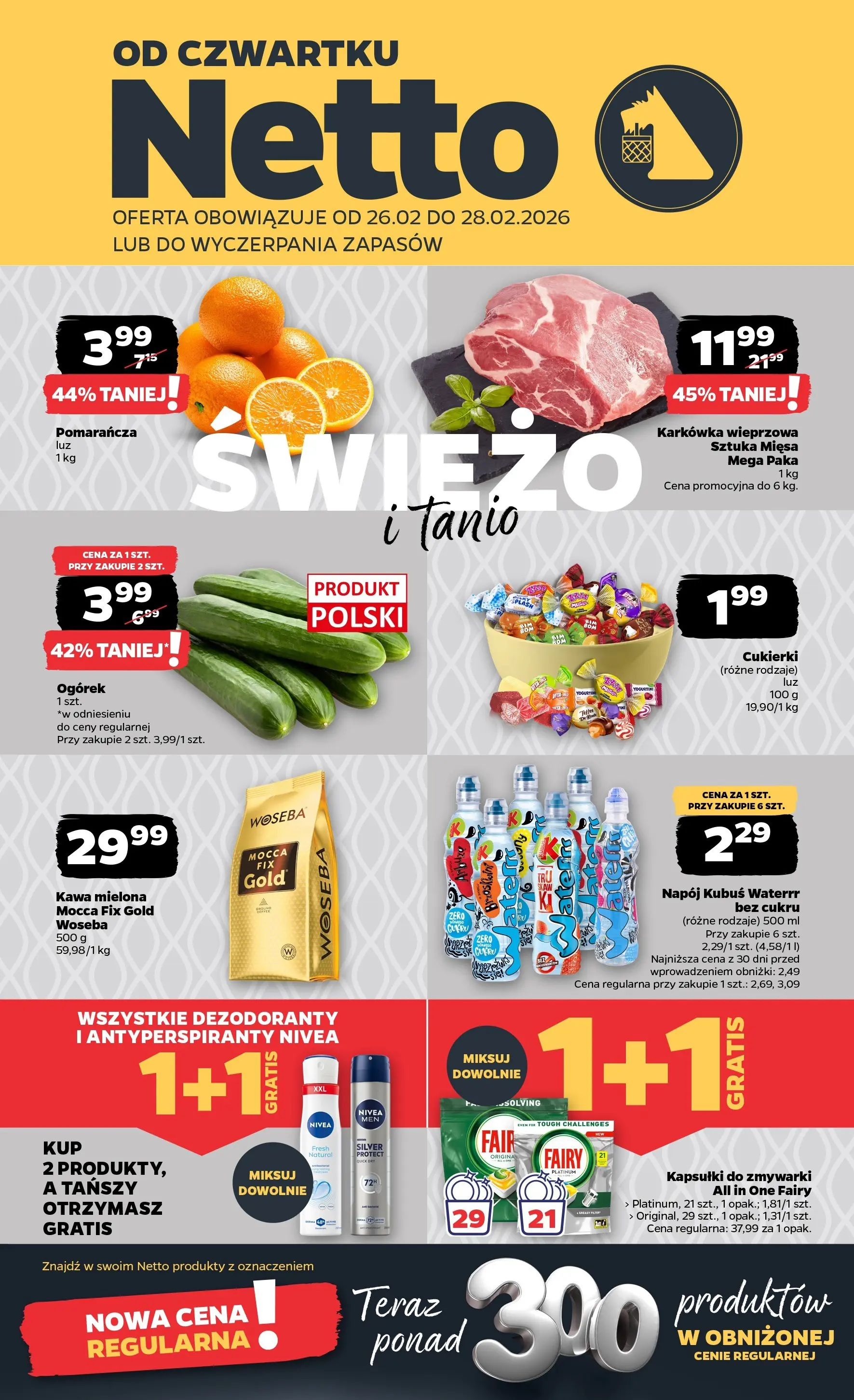 Netto gazetka - Spożywcza od 26.02.2026 - Aktualne promocje | Strona: 1 | Produkty: Karkówka, Kawa, Cukierki, Fairy