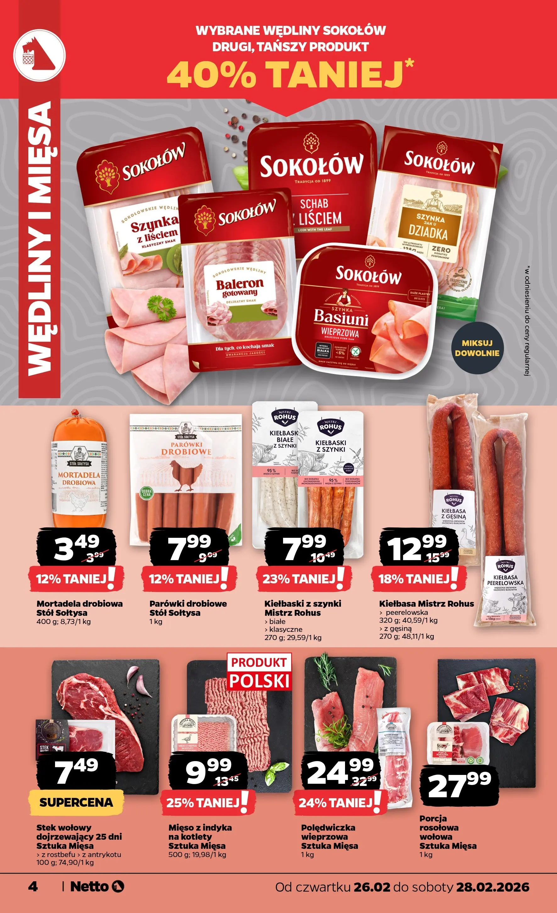 Netto gazetka - Spożywcza od 26.02.2026 - Aktualne promocje | Strona: 4 | Produkty: Mortadela, Parówki, Mięso z indyka, Kiełbaski