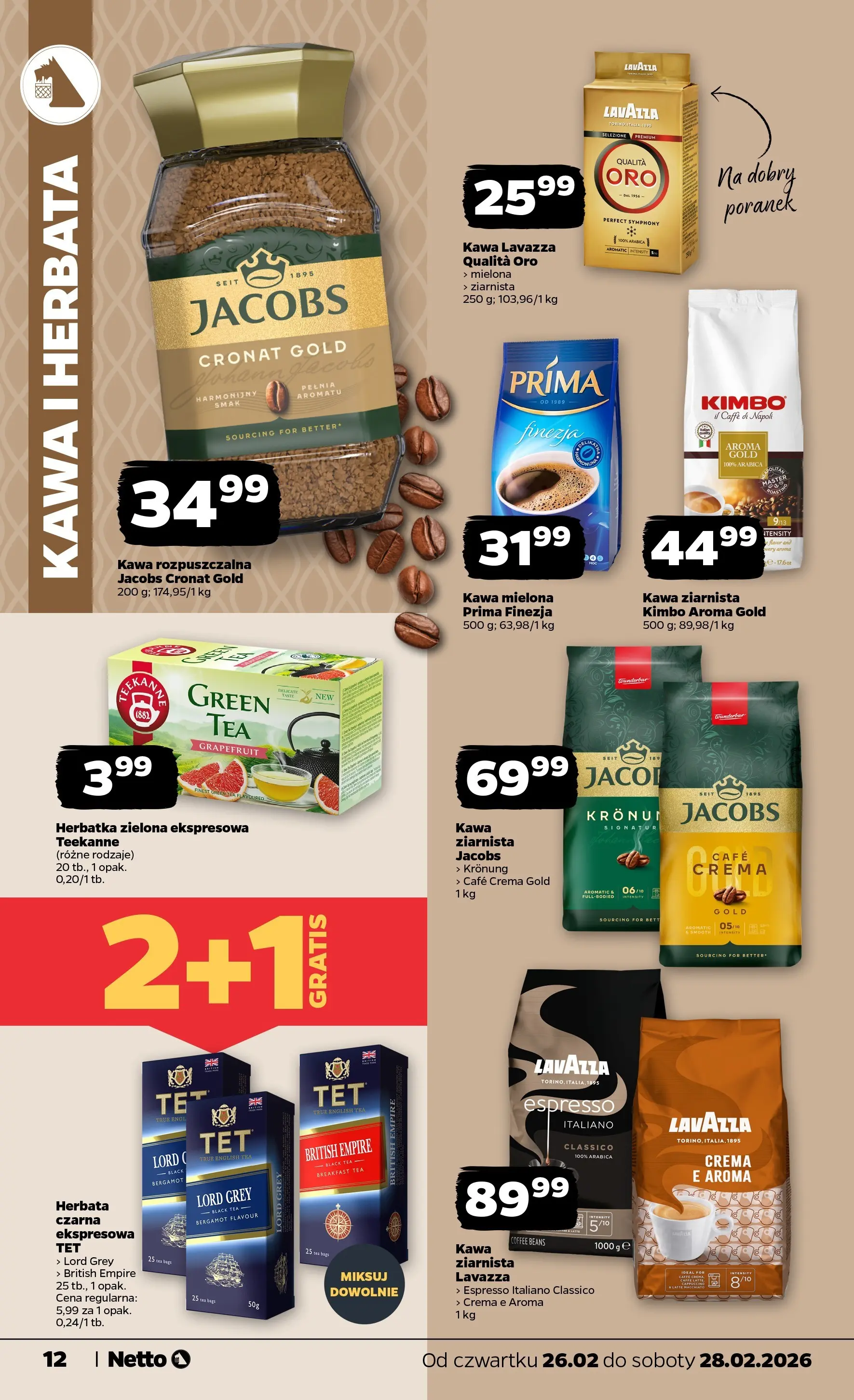 Netto gazetka - Spożywcza od 26.02.2026 - Aktualne promocje | Strona: 12 | Produkty: Kawa ziarnista, Lavazza, Kawa, Herbata