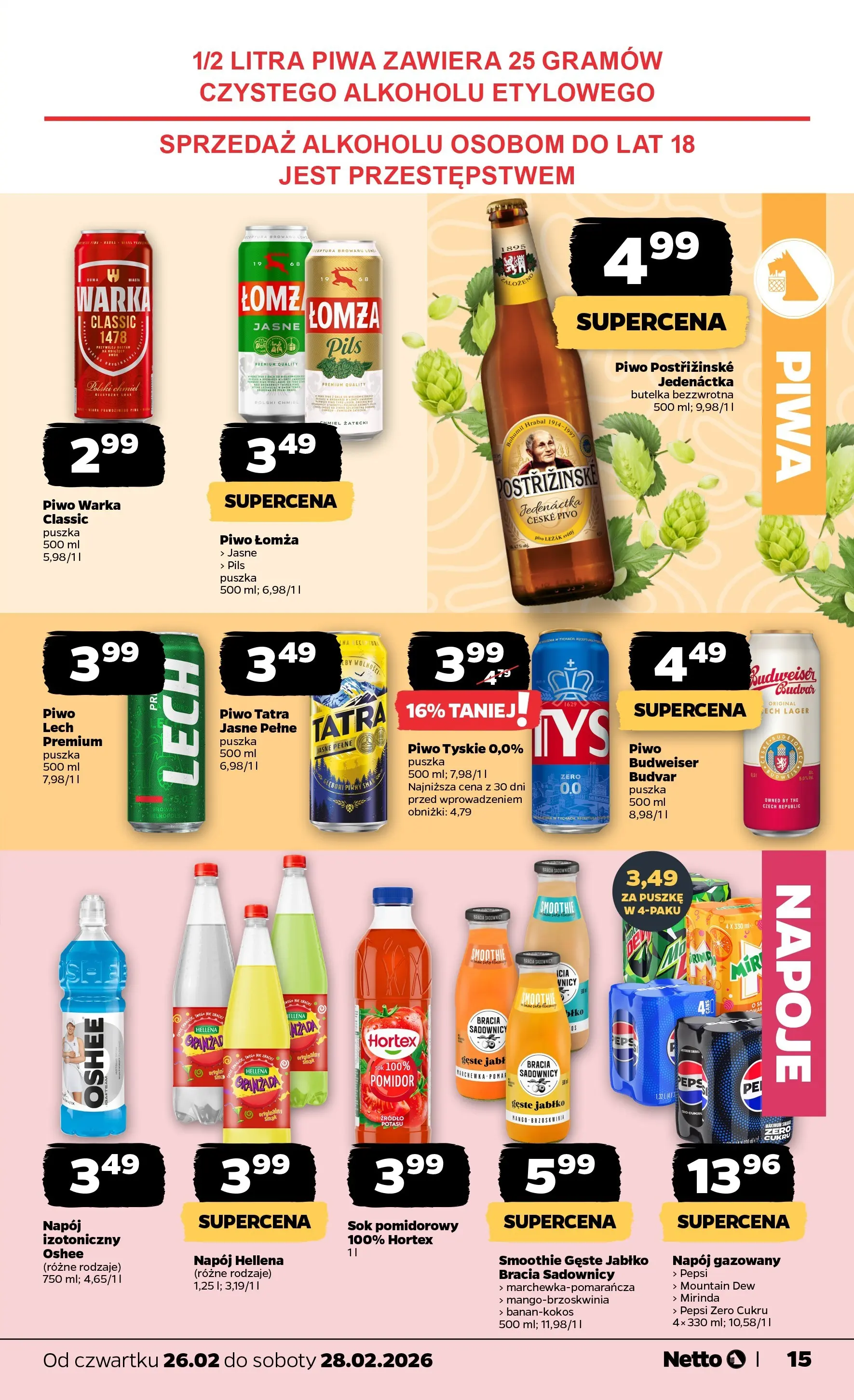 Netto gazetka - Spożywcza od 26.02.2026 - Aktualne promocje | Strona: 15 | Produkty: Napoje, Leżak, Tyskie, Piwo