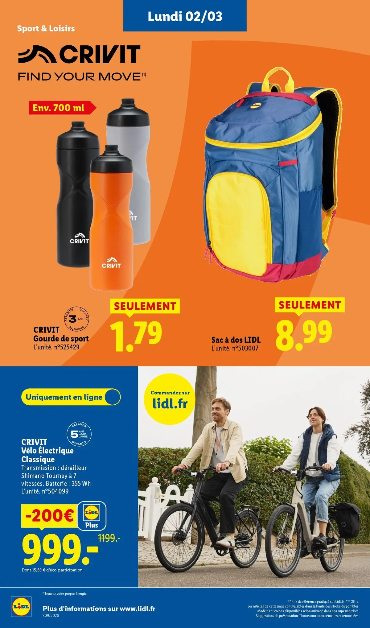 Catalogue LIDL du 25/02/2026 | Promo prospectus en ligne | Page: 58 | Produits: Vélo électrique, Gourde, Batterie, Sac à dos Catalogue LIDL du 25/02/2026 | Promo prospectus en ligne | Page: 58 | Produits: Vélo électrique, Gourde, Batterie, Sac à dos