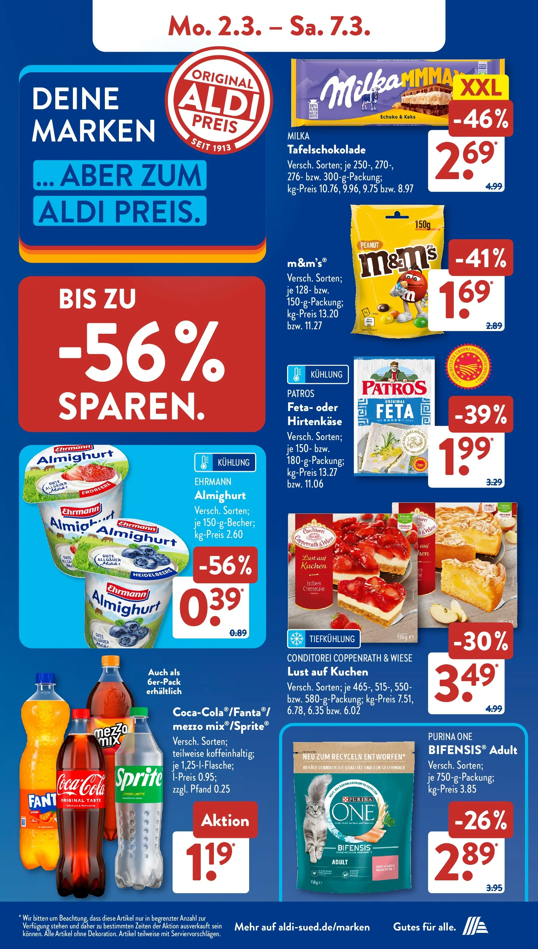 Aldi Süd Wochenangebote (ab 02.03.2026) zum Blättern | Seite: 7 | Produkte: Feta, M&M's, Patros, Kuchen