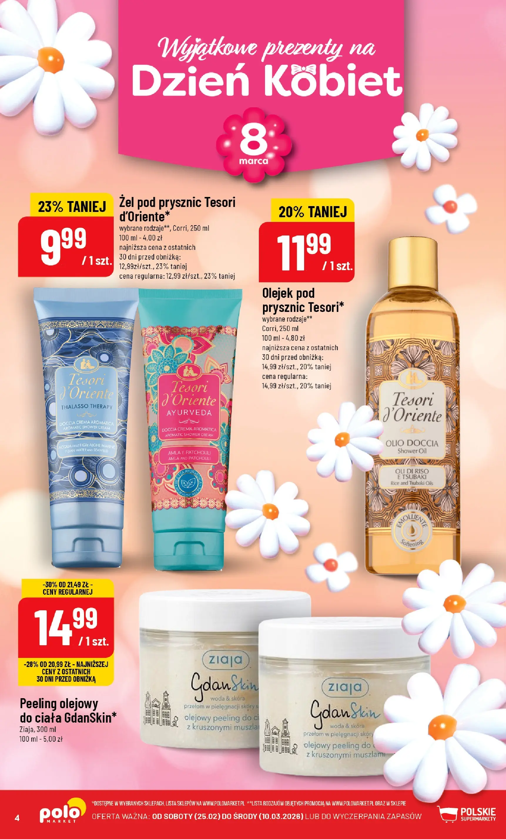 Nowa POLOmarket gazetka od jutra 25.02.2026 (PDF) | Strona: 4 | Produkty: Prysznic, Peeling, Żel pod prysznic, Woda