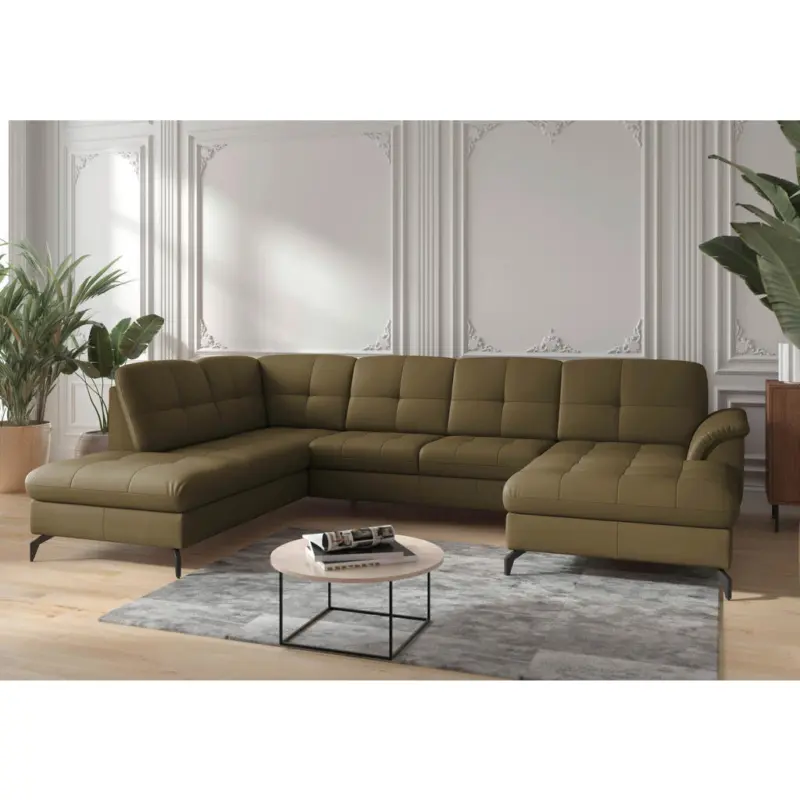 Wohnlandschaft Zora E in Vliesstoff Kombination Echtleder/Stoff Olivgr&uuml;n