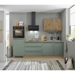 K&uuml;chenblock 260 cm in Gr&uuml;n, Eiche Artisan