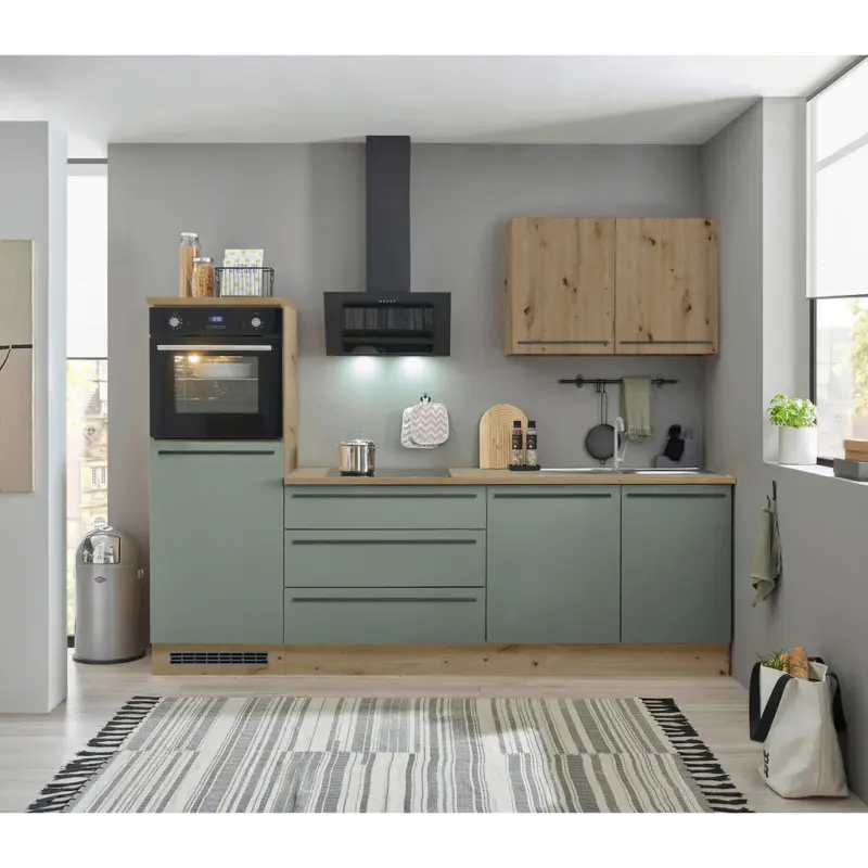 K&uuml;chenblock 260 cm in Gr&uuml;n, Eiche Artisan