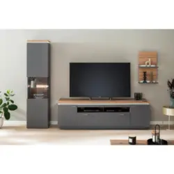 Wohnwand in Grau, Eiche Wotan 270/208/50 cm