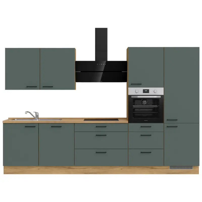 K&uuml;chenblock 330 cm in Eichefarben, Dunkelgr&uuml;n