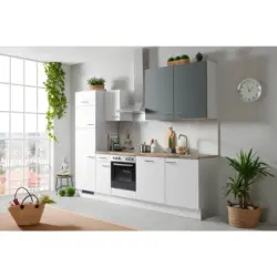 K&uuml;chenleerblock 280 cm in Eichefarben, Hellgrau, Dunkelgr&uuml;n