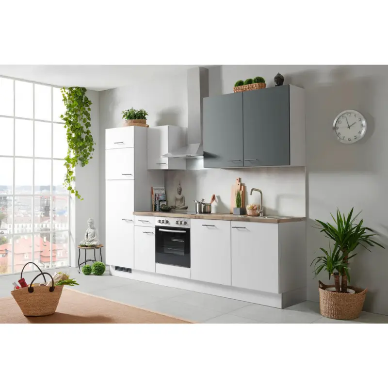 K&uuml;chenleerblock 280 cm in Eichefarben, Hellgrau, Dunkelgr&uuml;n