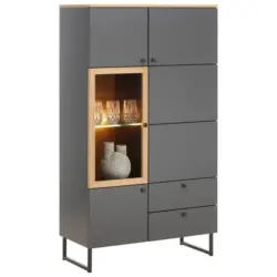 Vitrine in furniert, massiv Eiche Grau, Eichefarben