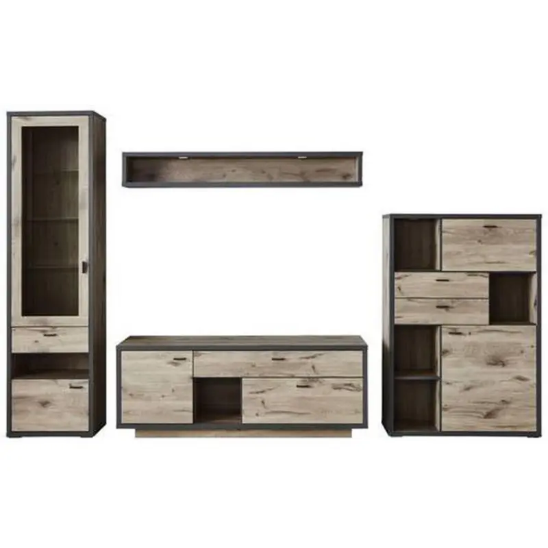 Wohnwand in Eichefarben, Dunkelgrau 327,4/207,9/50 cm