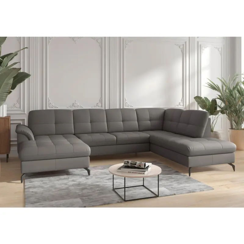 Wohnlandschaft Zora E in Vliesstoff Kombination Echtleder/Stoff Mokka