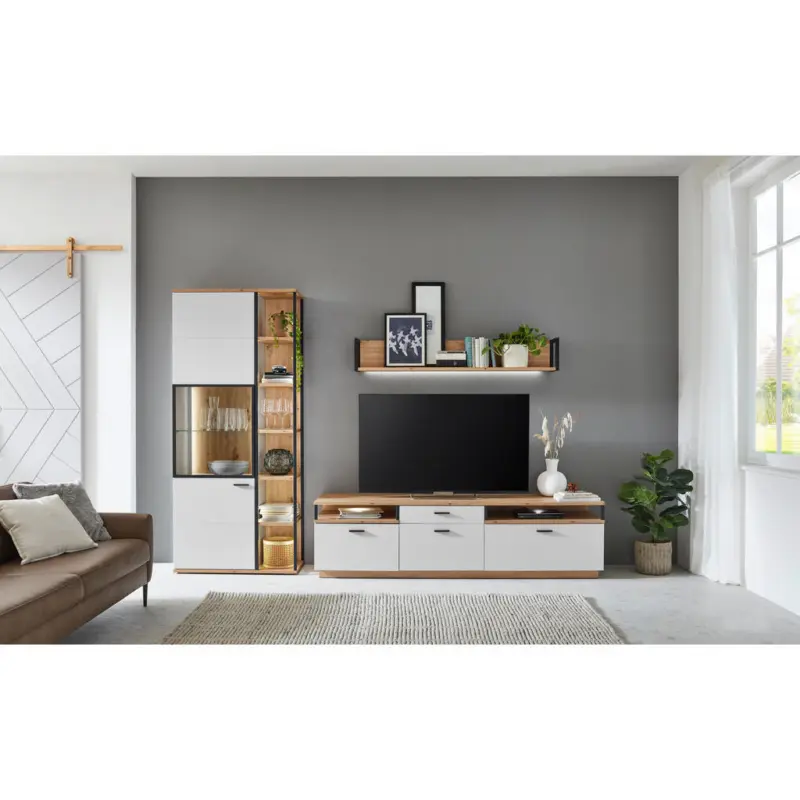 Wohnwand in Schwarz, Wei&szlig;, Eiche Artisan 304/206/50 cm