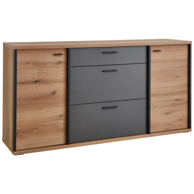 Sideboard Schwarz, Eichefarben, Dunkelgrau 180/91/44 cm