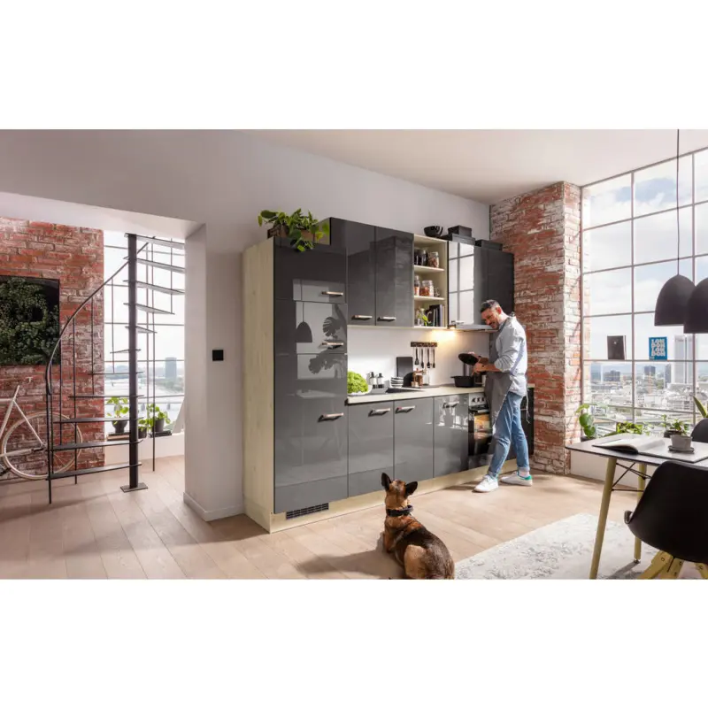 K&uuml;chenleerblock 300 cm in Graphitfarben, Eichefarben