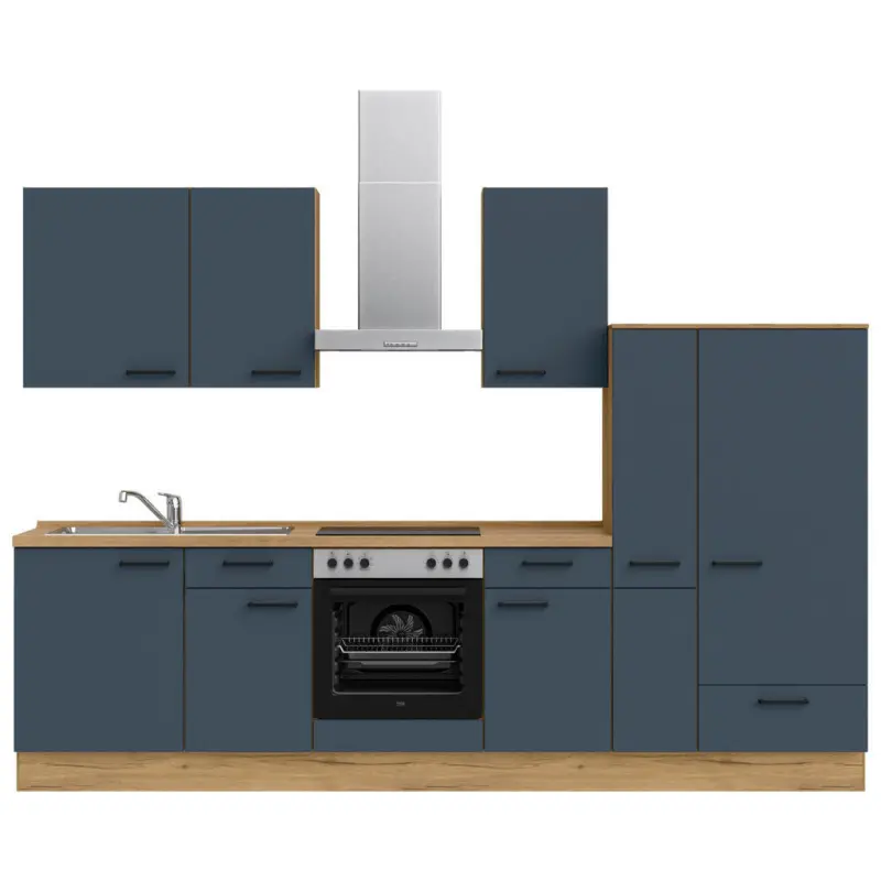 K&uuml;chenleerblock 300 cm in Blau, Eichefarben