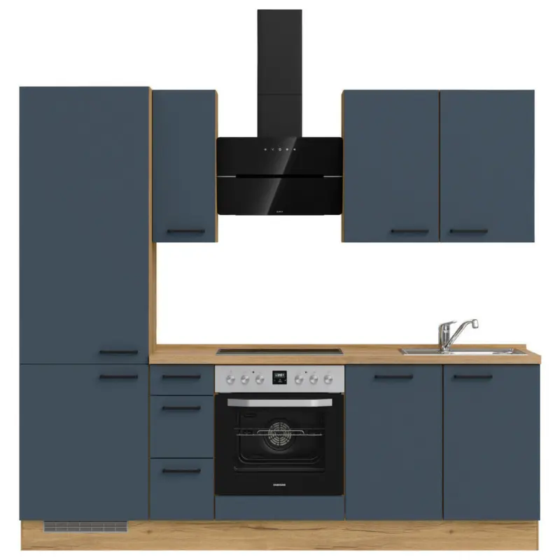 K&uuml;chenleerblock 240 cm in Blau, Eichefarben